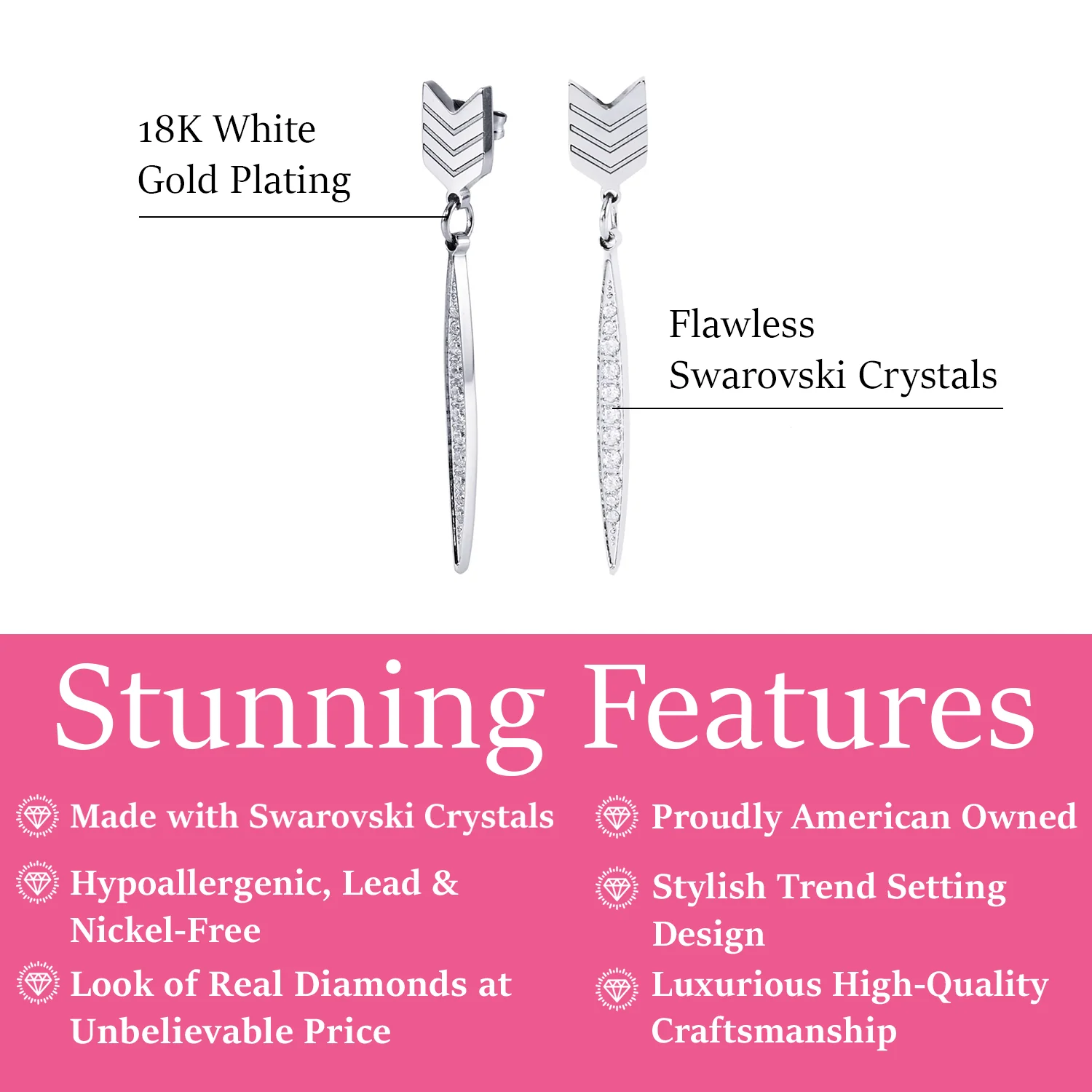 Addison 18k White Gold Plated Arrow Drop Dangle Earrings with Simulated Diamond Crystals — Final Sale - Image 3