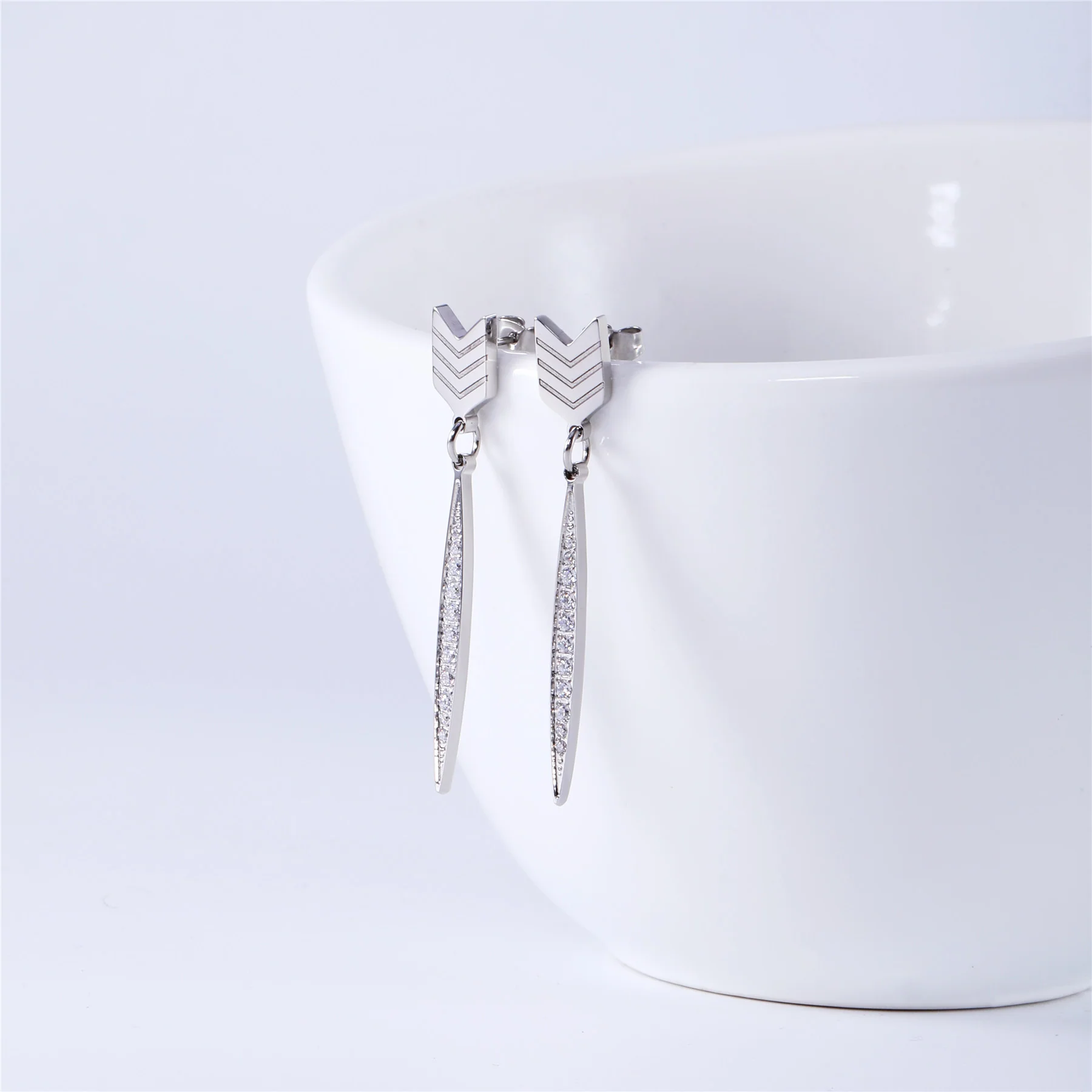 Addison 18k White Gold Plated Arrow Drop Dangle Earrings with Simulated Diamond Crystals — Final Sale - Image 6