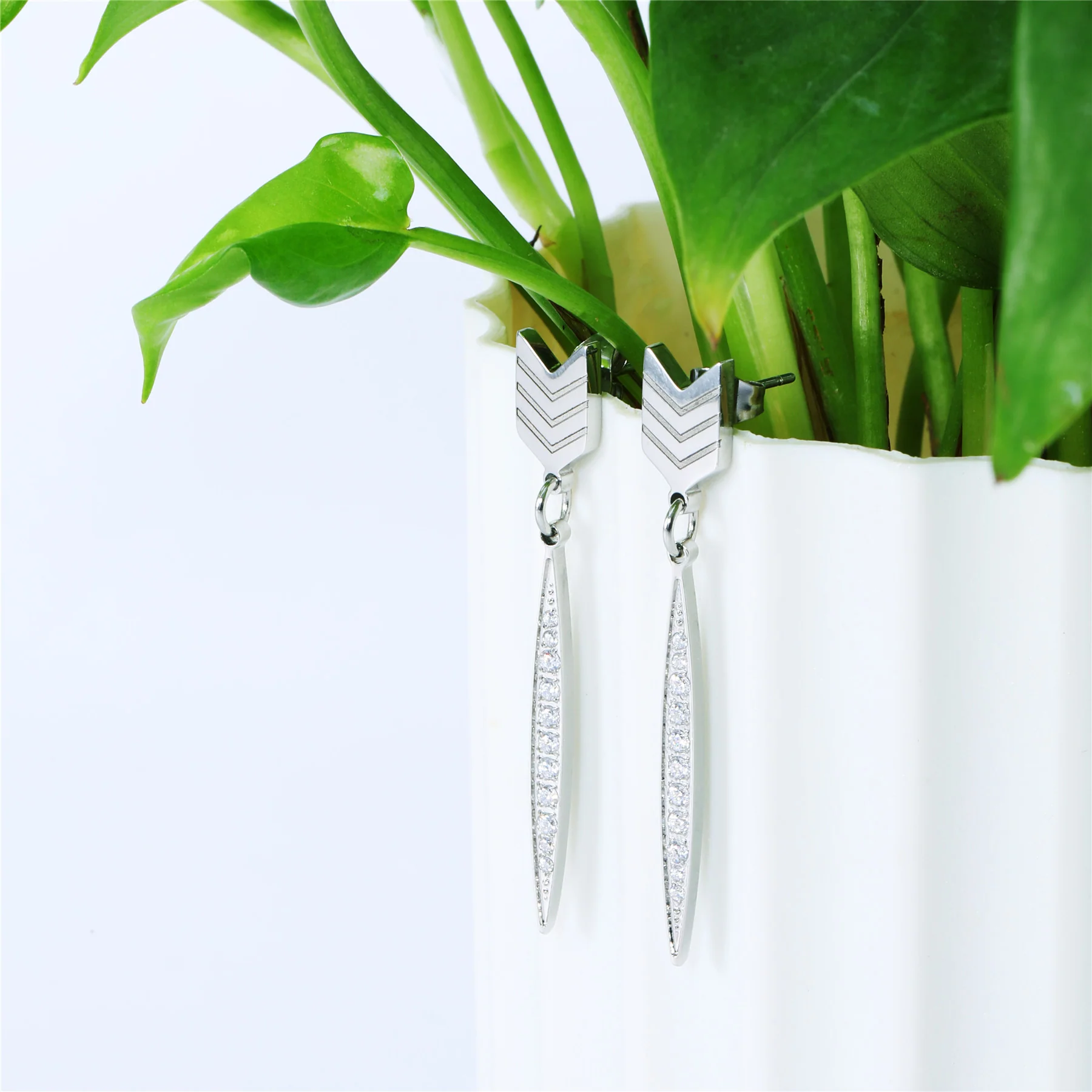 Addison 18k White Gold Plated Arrow Drop Dangle Earrings with Simulated Diamond Crystals — Final Sale - Image 7