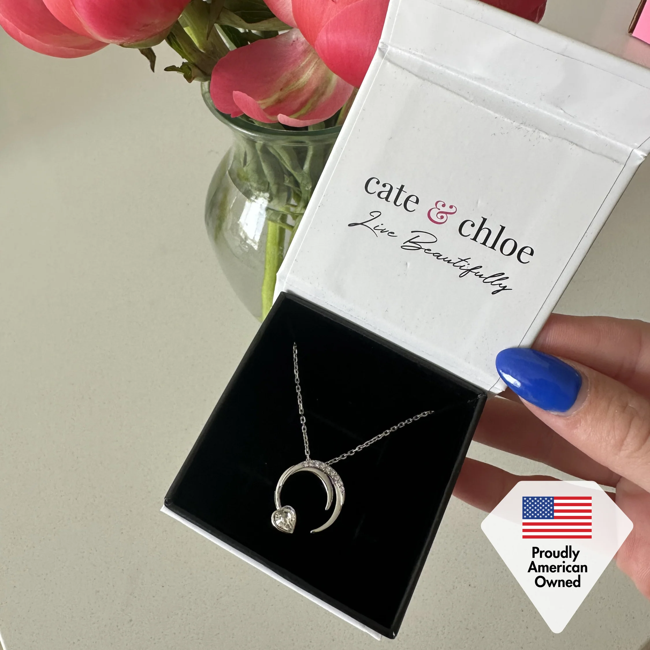 Aelin 18k White Gold Plated Crescent Heart Pendant Necklace with Swarovski Crystals - Image 7