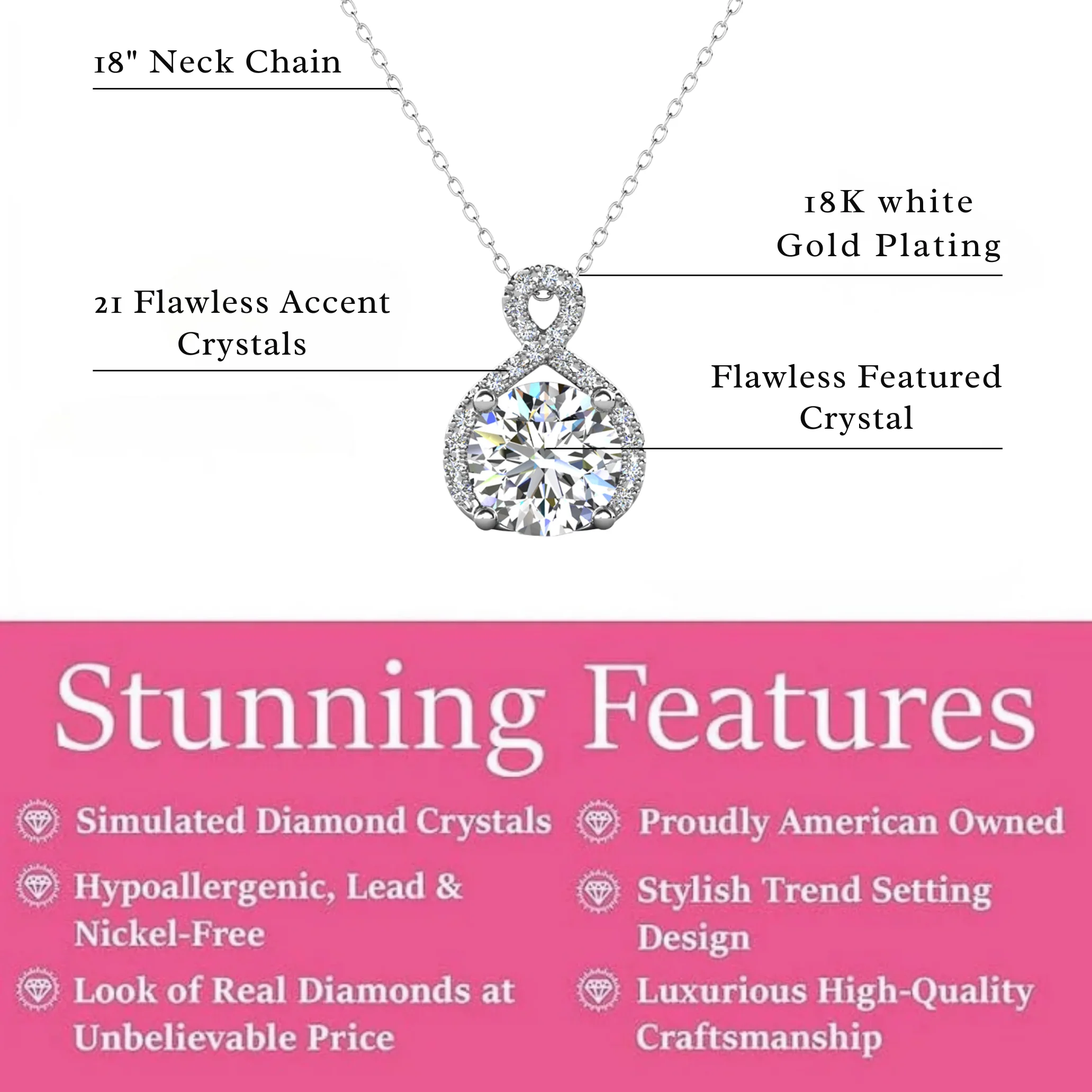 Alessandra 18k White Gold Plated Infinity Halo Pendant Necklace with Simulated Diamond Crystals (3 Pair Set) - Image 3