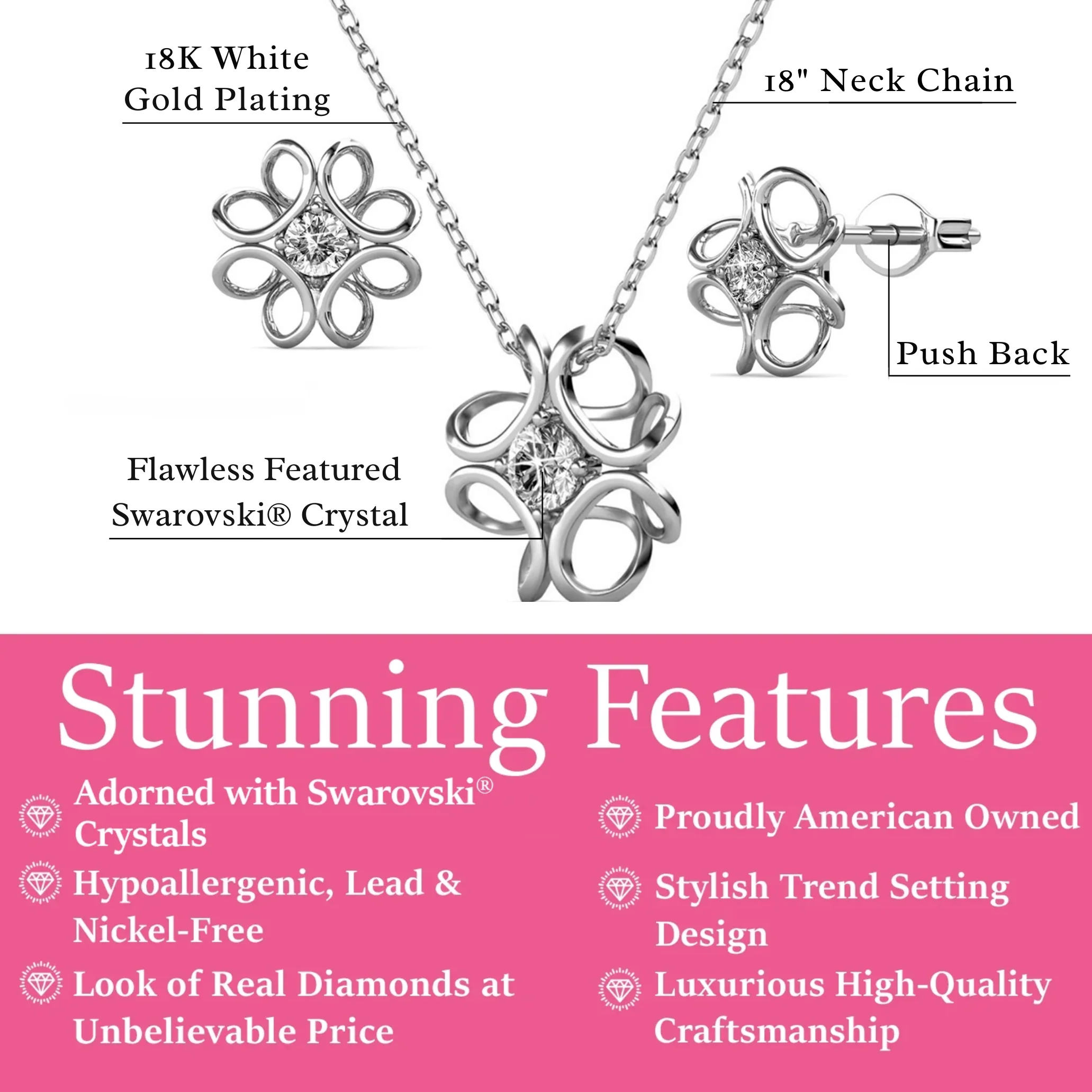Alexis 18k White Gold Plated Flower Earring and Necklace Set with Swarovski Crystals - Image 3