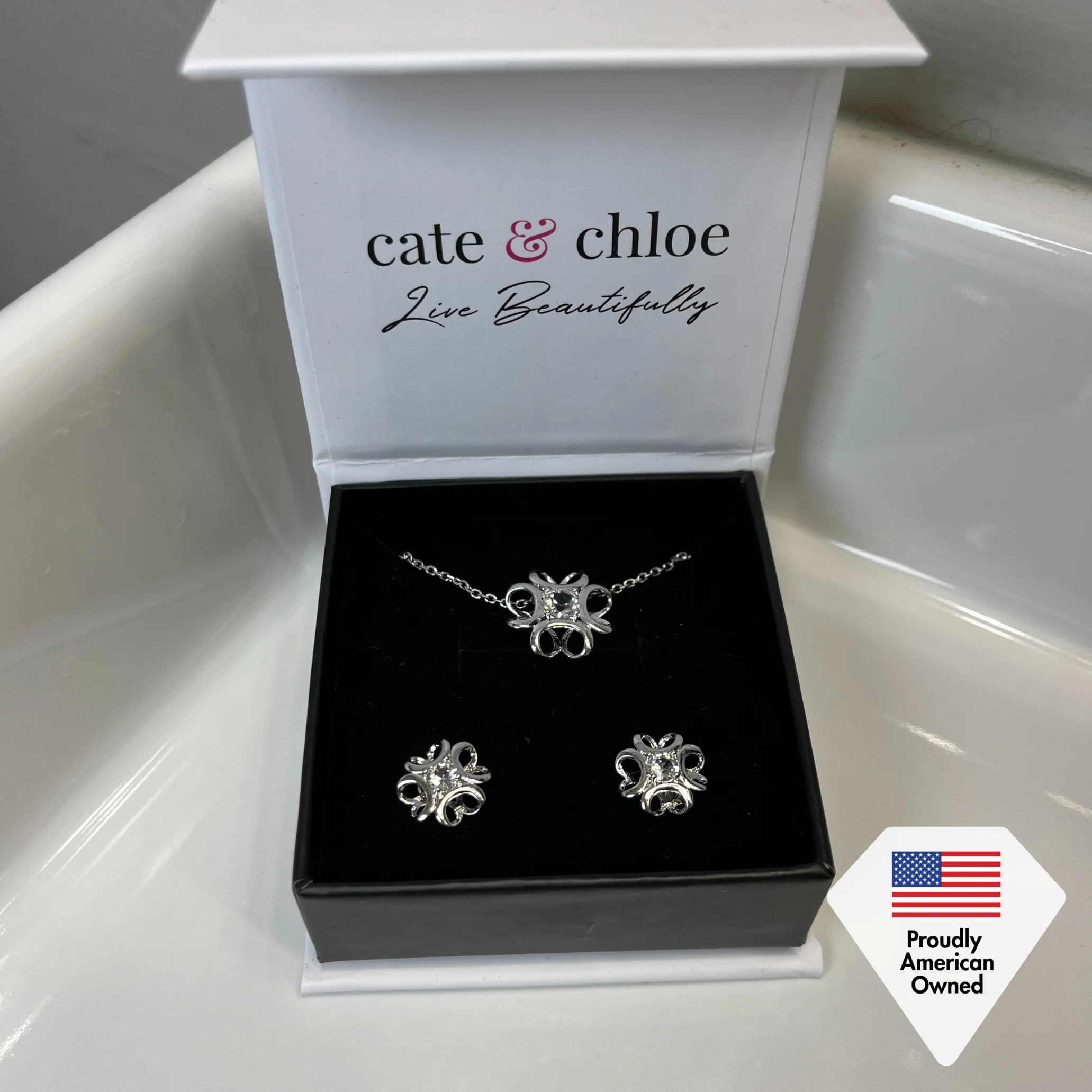 Alexis 18k White Gold Plated Flower Earring and Necklace Set with Swarovski Crystals - Image 6