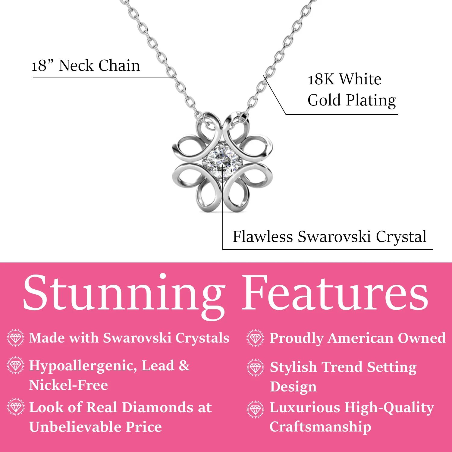 Alexis 18k White Gold Plated Flower Pendant Necklace with Swarovski Crystal - Image 3