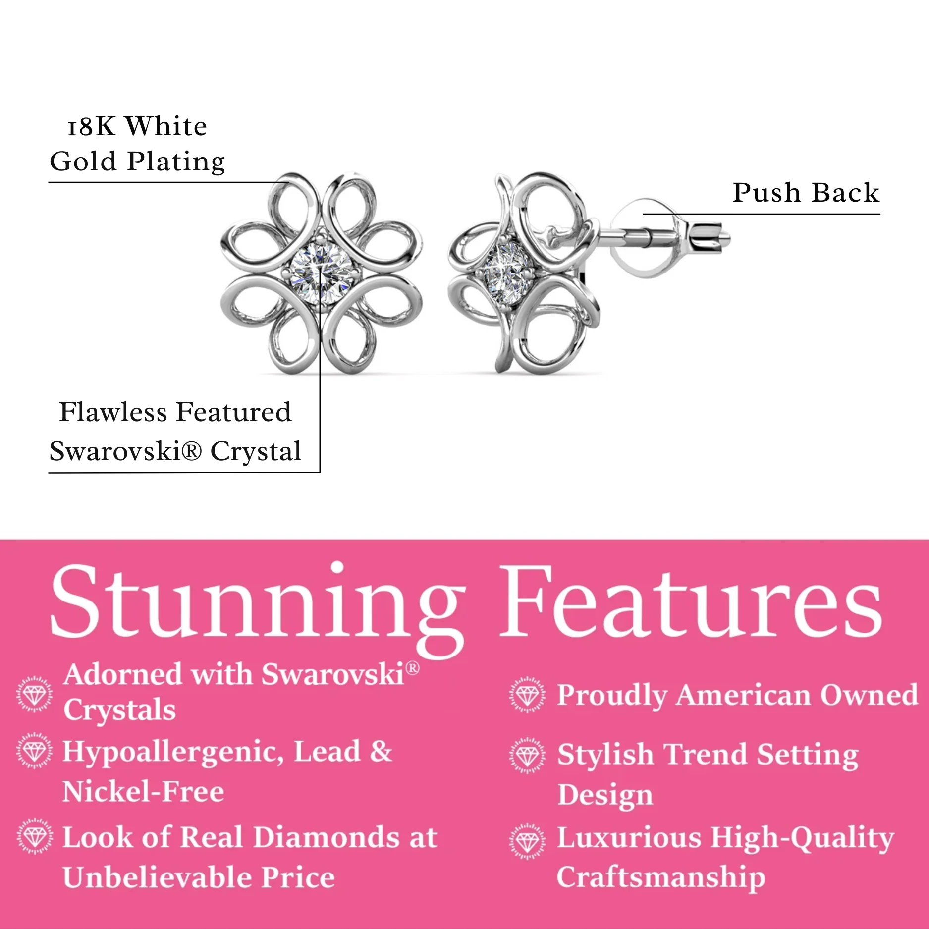 Alexis 18k White Gold Plated Flower Stud Earrings with Swarovski Crystals - Image 3