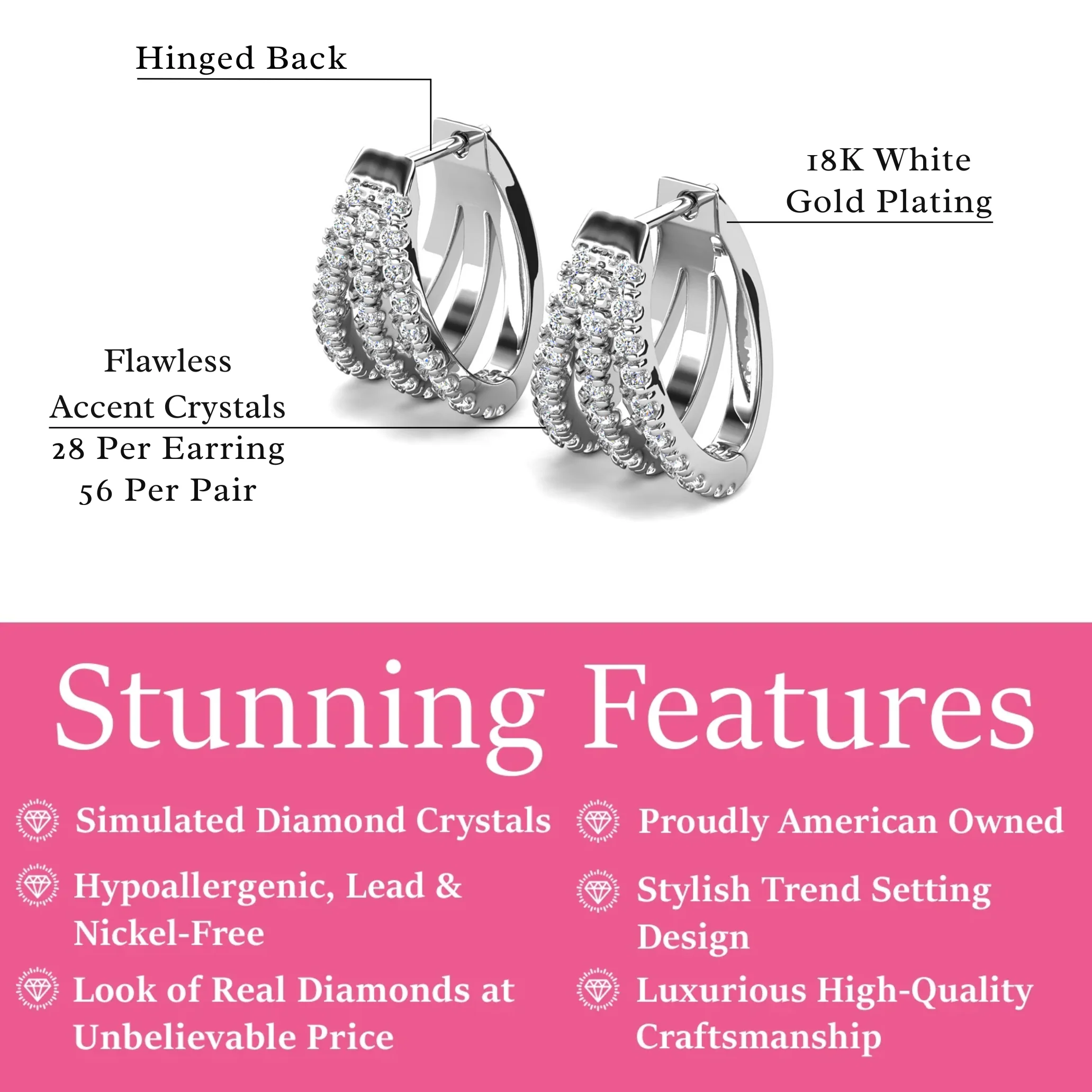 Aliyah 18k White Gold Plated 14mm Hoop Earrings with Simulated Diamond Crystals - Image 3