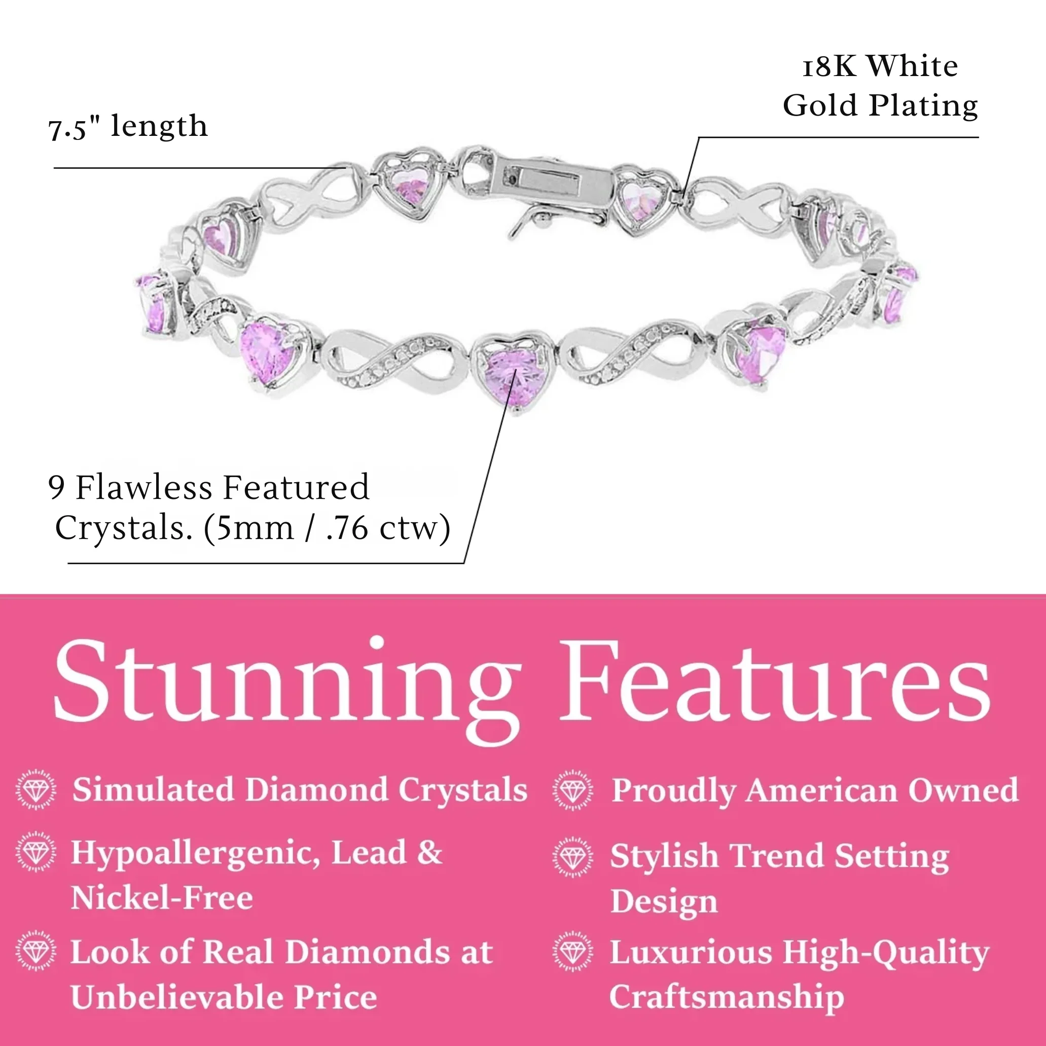 Amanda 18k White Gold Plated Infinity Heart Tennis Bracelet with Simulated Diamond Crystals - Image 11