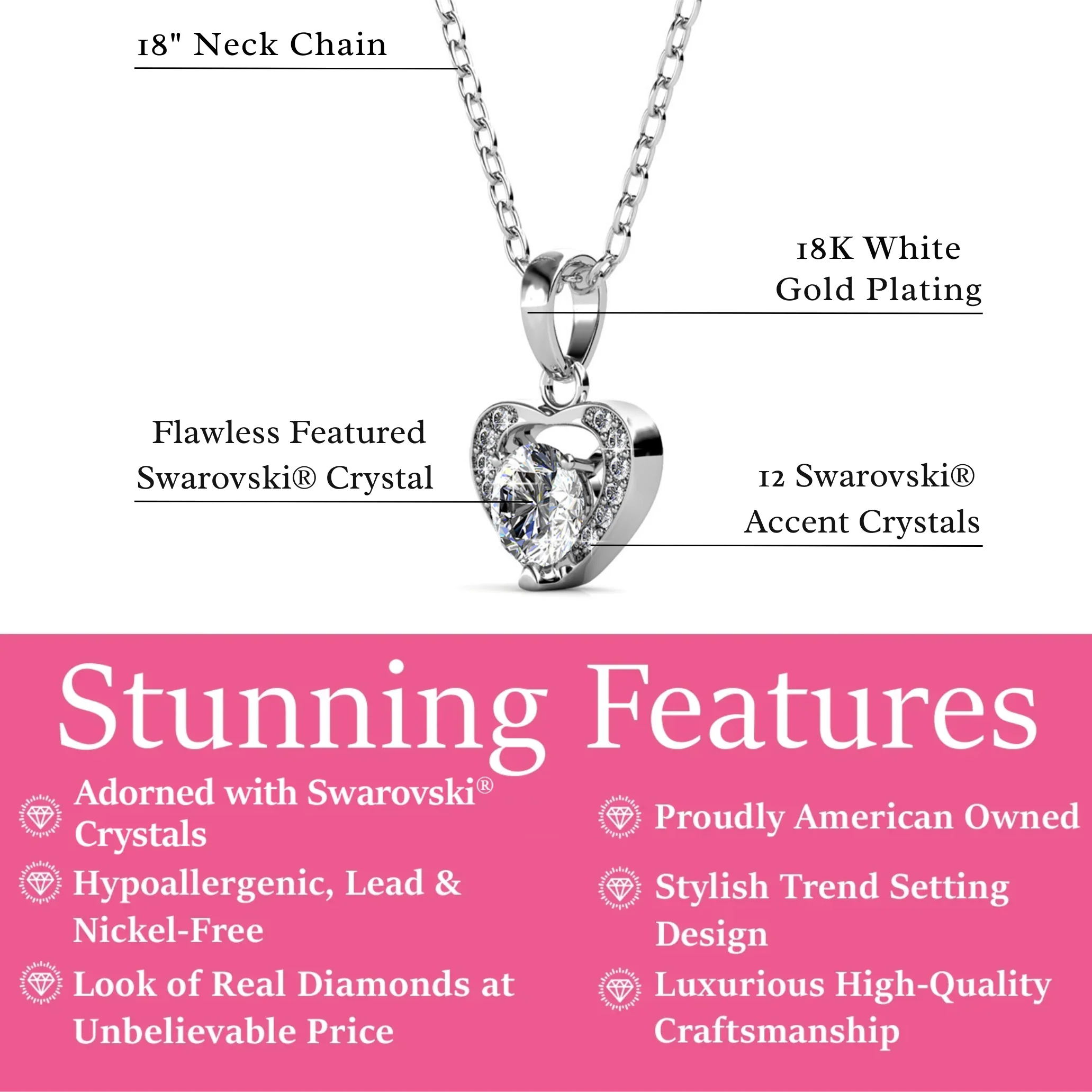 Amberly 18k White Gold Plated Heart Pendant Necklace with Solitaire Round Cut Swarovski Crystals - Image 3