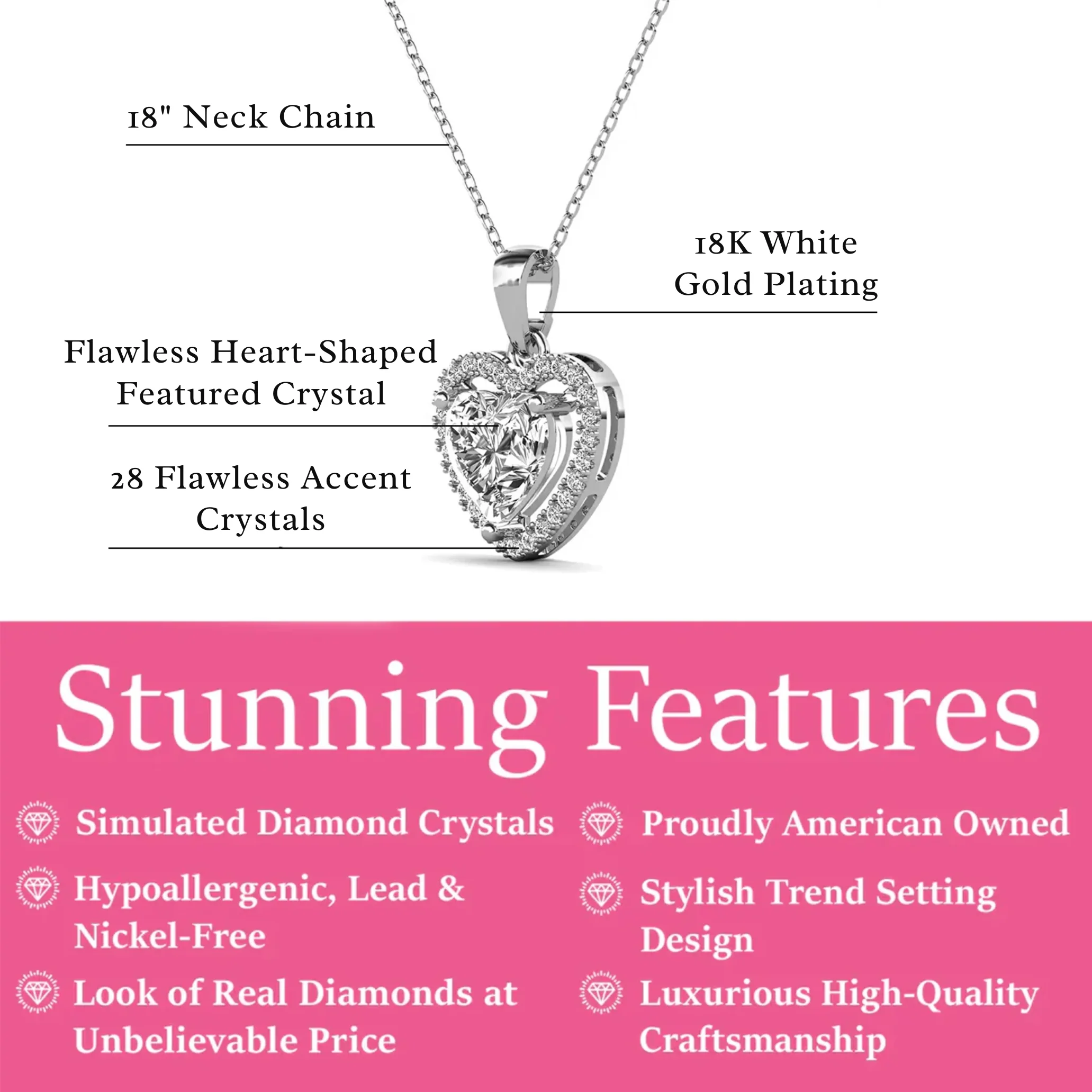 Amora 18k White Gold Plated Halo Heart Pendant Necklace with Simulated Diamond Crystals - Image 3