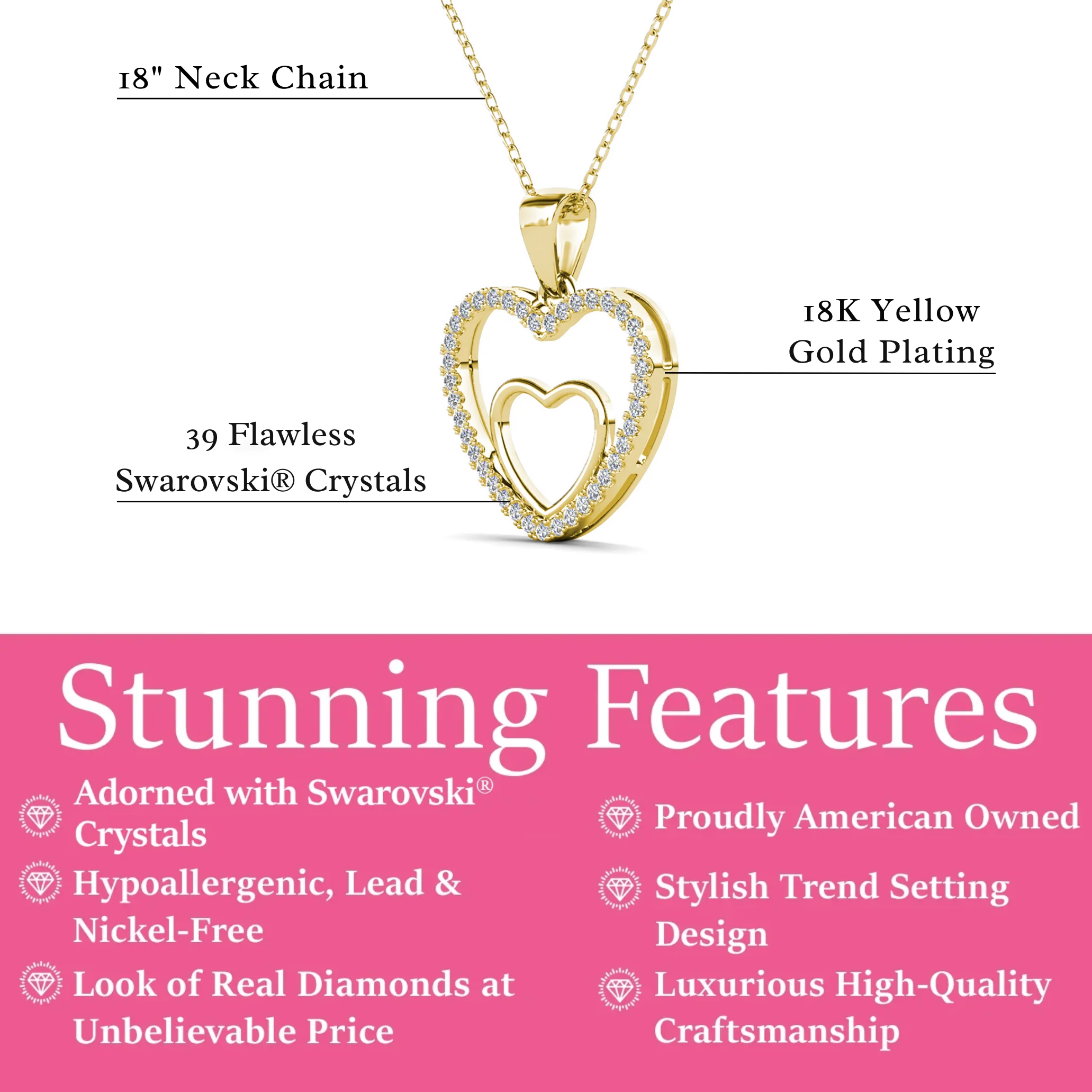 Amorette 18k White Gold Plated Double Heart Pendant Necklace with Pave Simulated Diamond Crystals - Image 11
