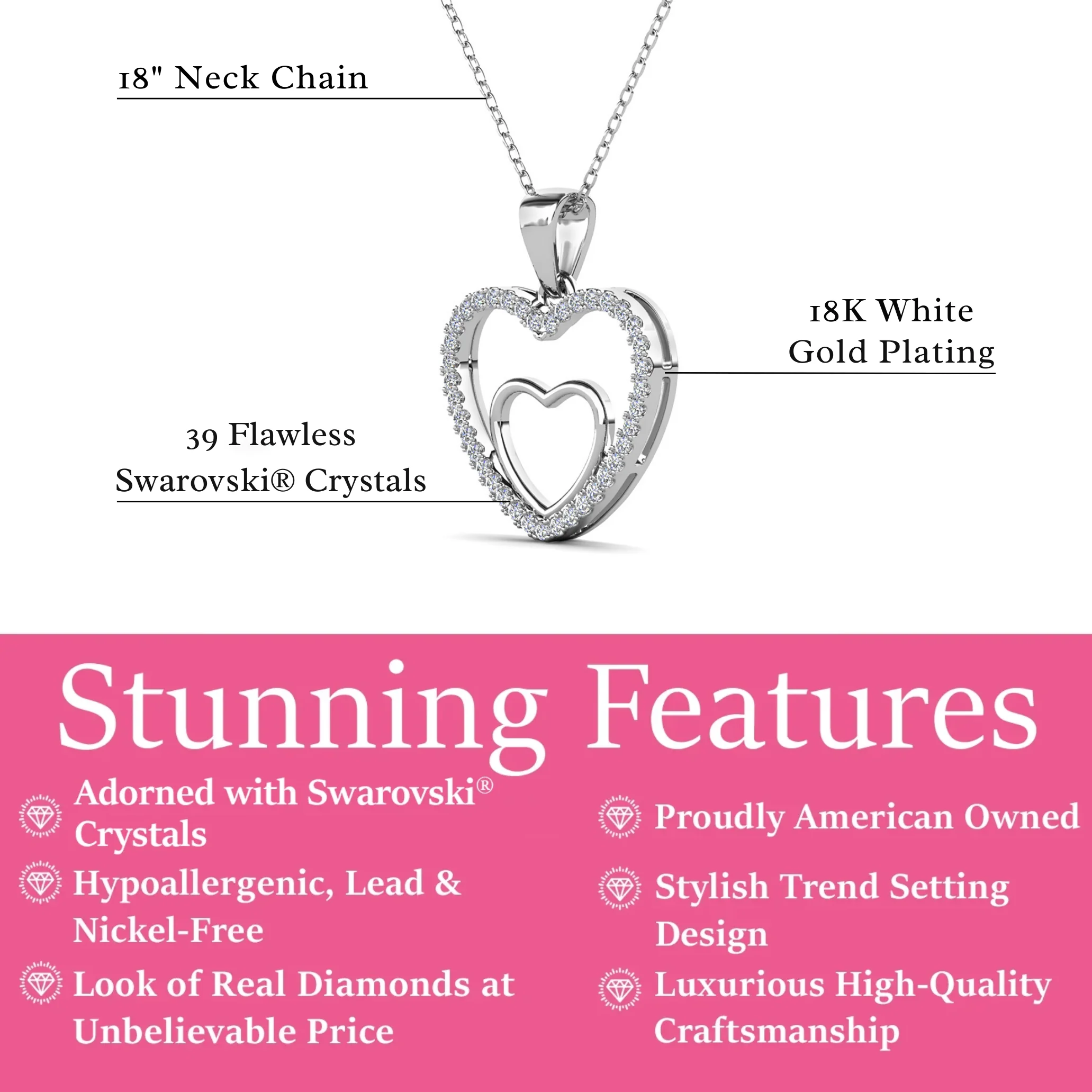 Amorette 18k White Gold Plated Double Heart Pendant Necklace with Pave Simulated Diamond Crystals - Image 3