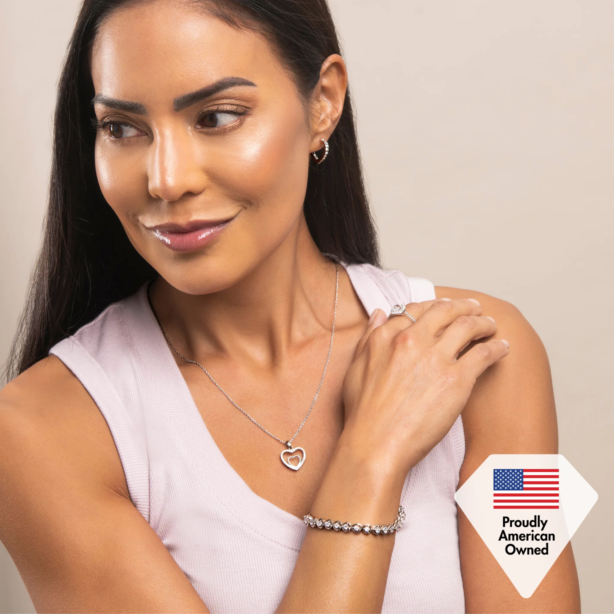 Amorette 18k White Gold Plated Double Heart Pendant Necklace with Pave Simulated Diamond Crystals - Image 6