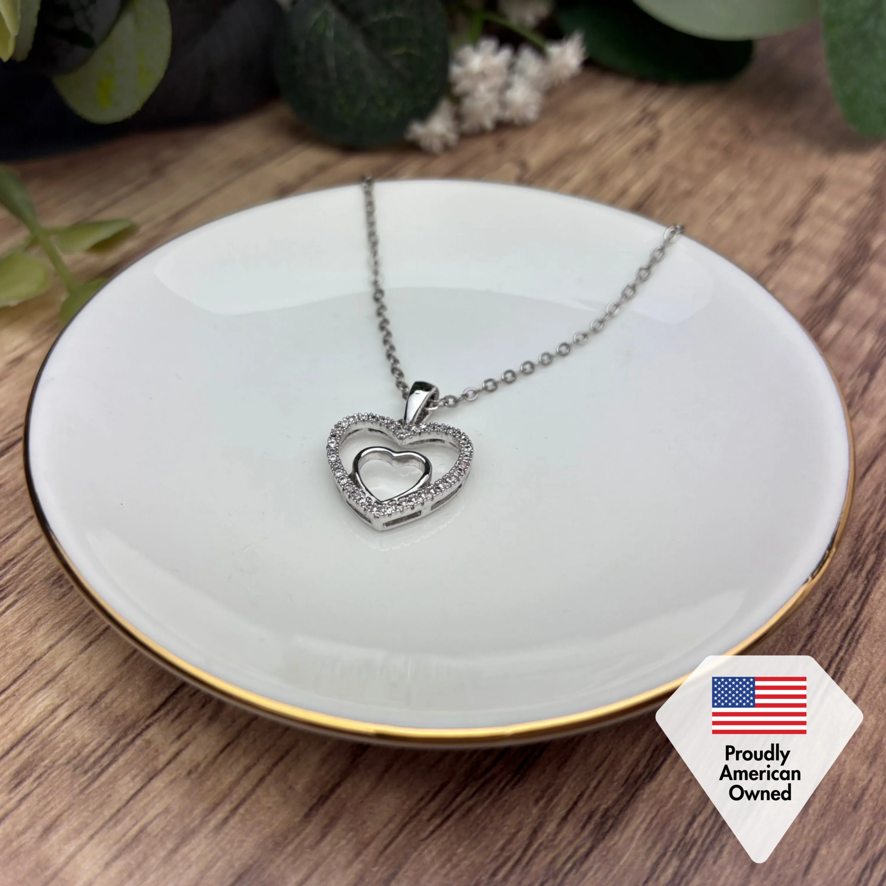 Amorette 18k White Gold Plated Double Heart Pendant Necklace with Pave Simulated Diamond Crystals - Image 7