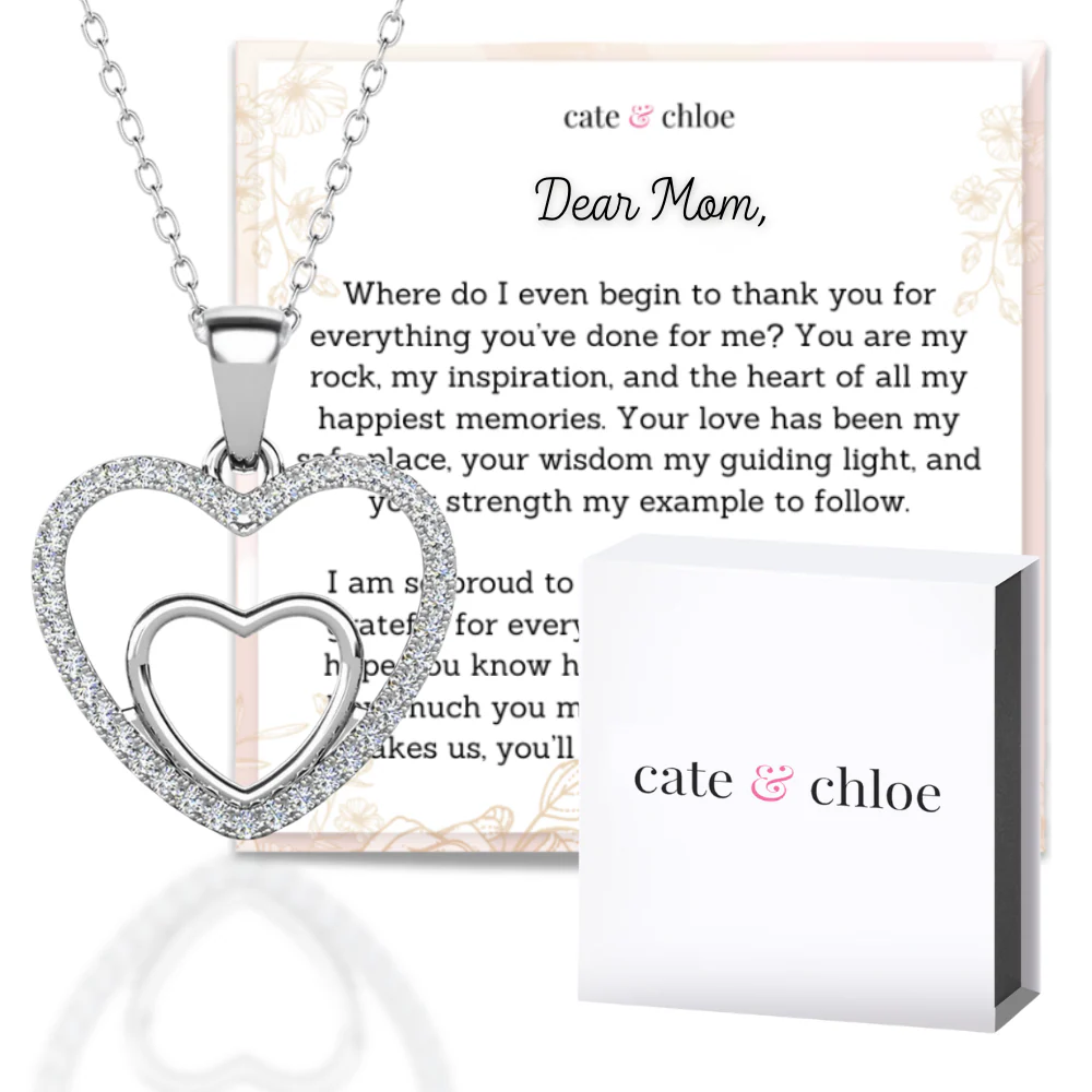 Amorette 18k White Gold Plated Double Heart Pendant Necklace with Simulated Diamond Crystals & Heartfelt Message for Mom