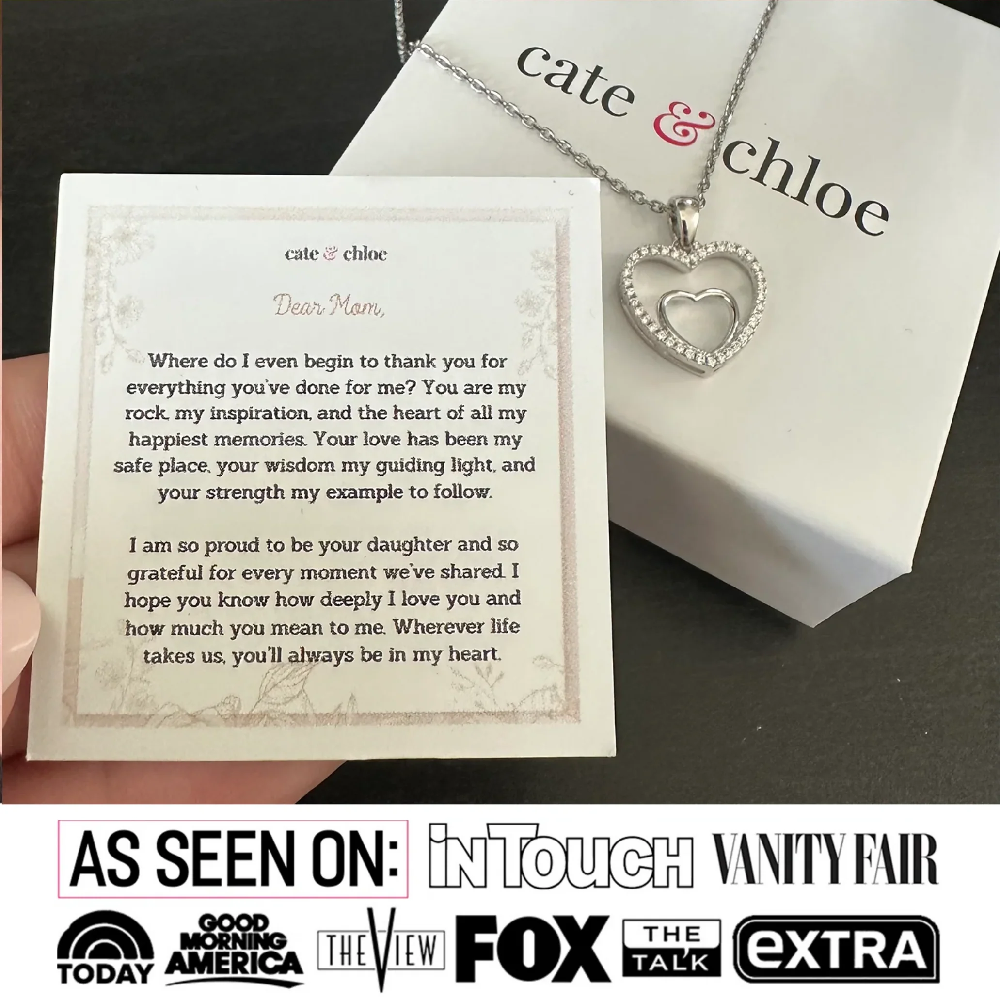 Amorette 18k White Gold Plated Double Heart Pendant Necklace with Simulated Diamond Crystals & Heartfelt Message for Mom - Image 3