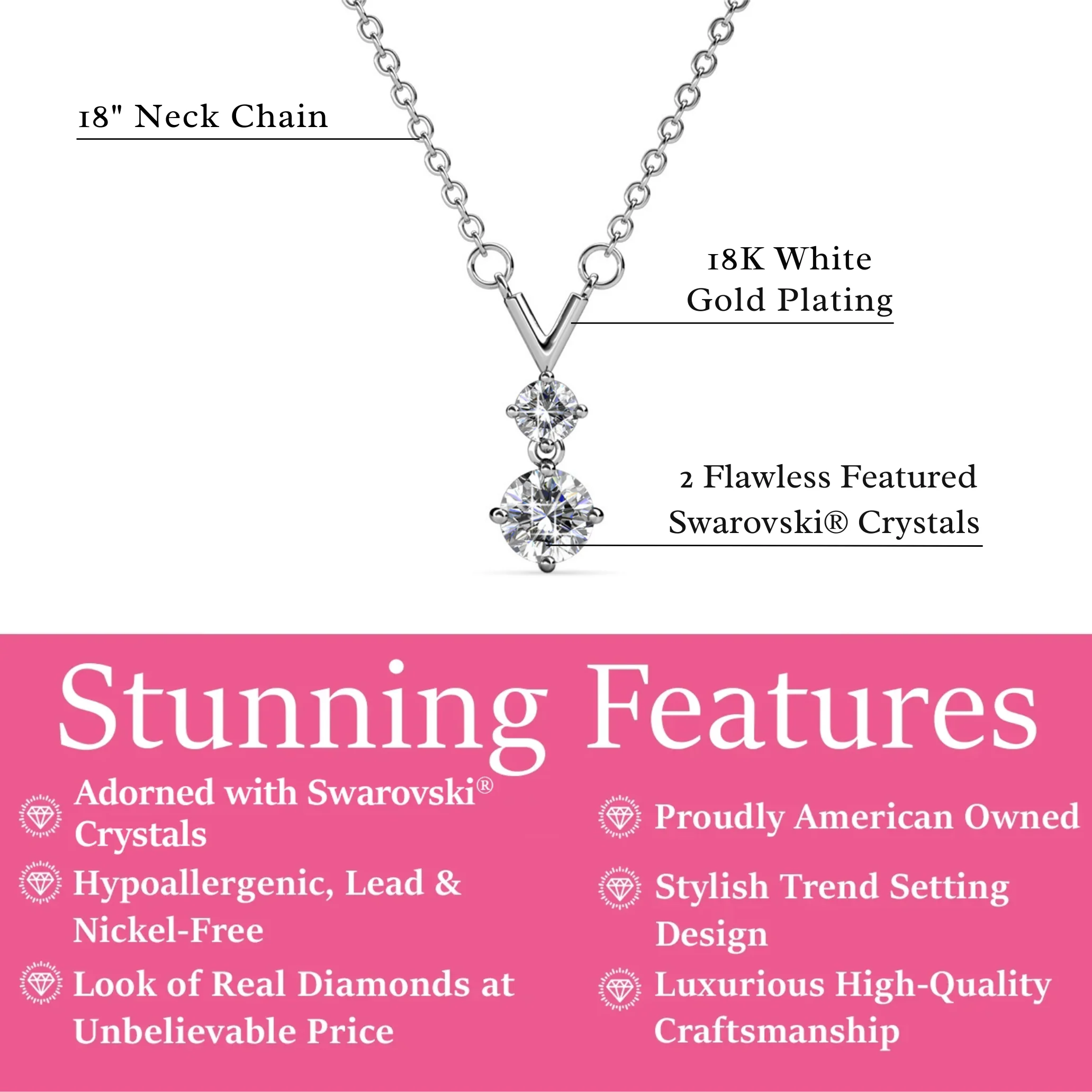 Andy 18k White Gold Plated 2-Stone Pendant Necklace with Swarovski Crystals - Image 3