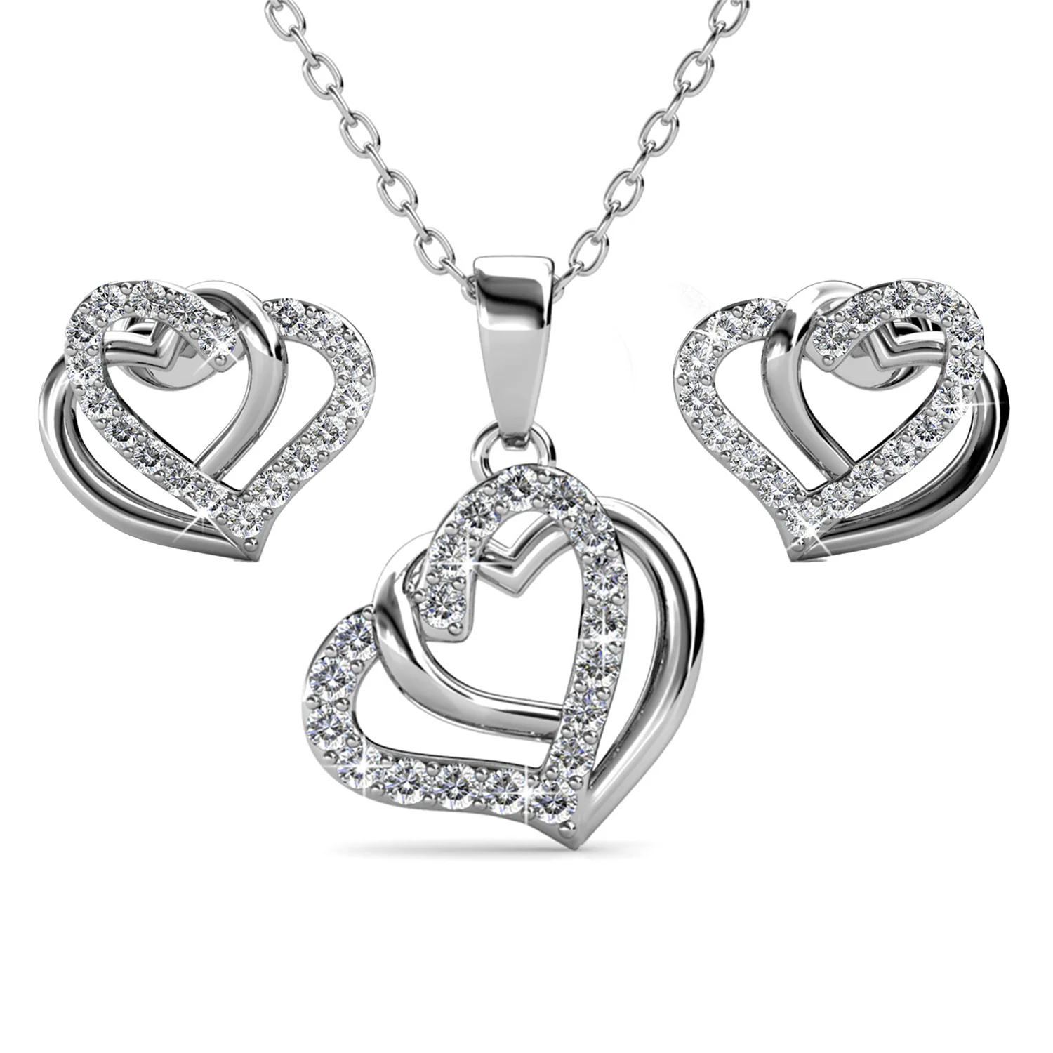 Angela 18k White Gold Plated Double Heart Stud Earrings and Necklace Set with Swarovski Crystals