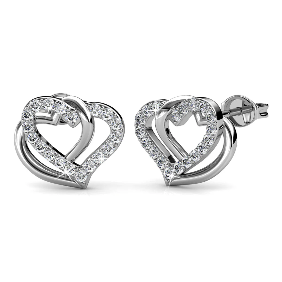 Angela 18k White Gold Plated Double Heart Stud Earrings and Necklace Set with Swarovski Crystals - Image 8