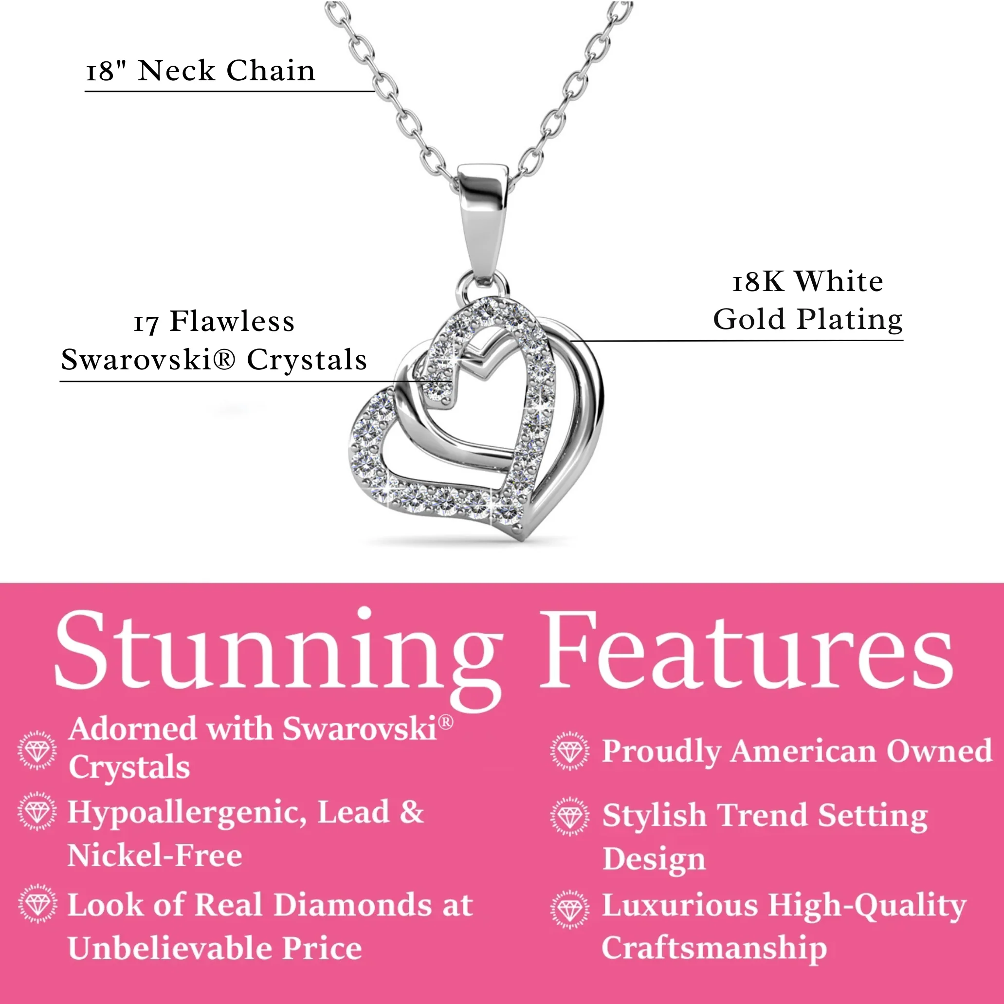 Angela 18k White Gold Plated Silver Double Heart Necklace with Swarovski Crystals — Fab Fav - Image 4
