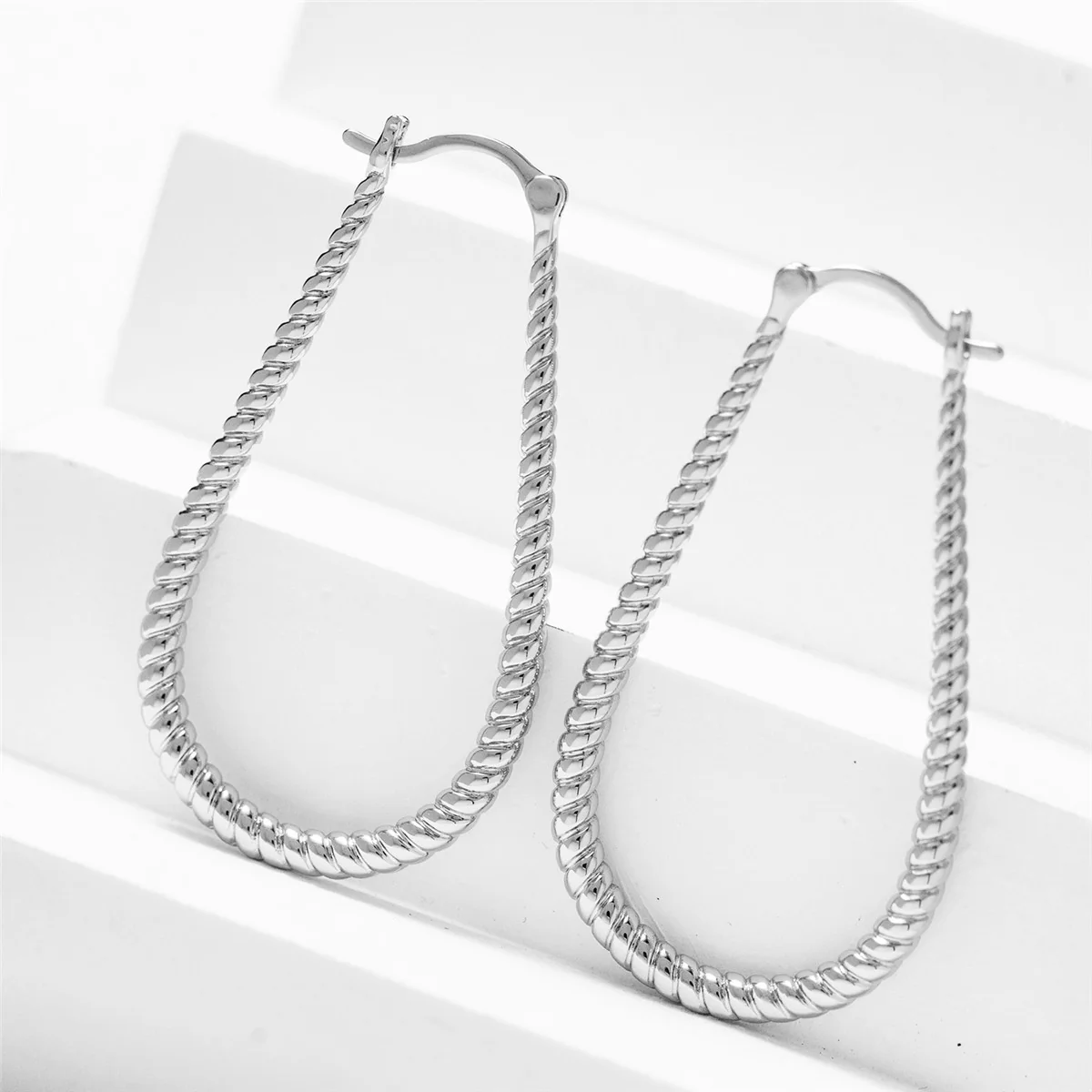 Angelica 18k White Gold Plated 45mm Twisted U-Shaped Hoop Earrings - Image 8