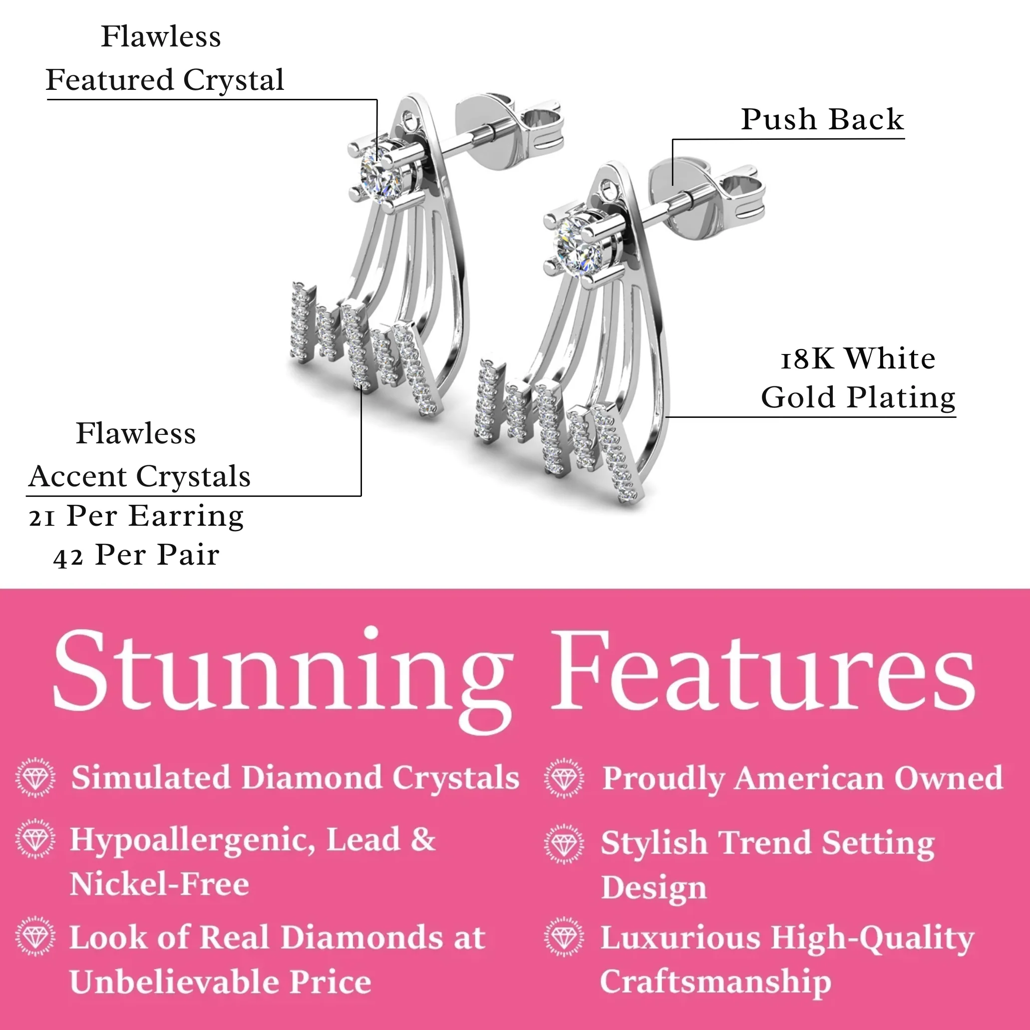 Angelina 18k White Gold Plated Stud Earrings Drop Claw Design with Simulated Diamond Crystals - Image 3
