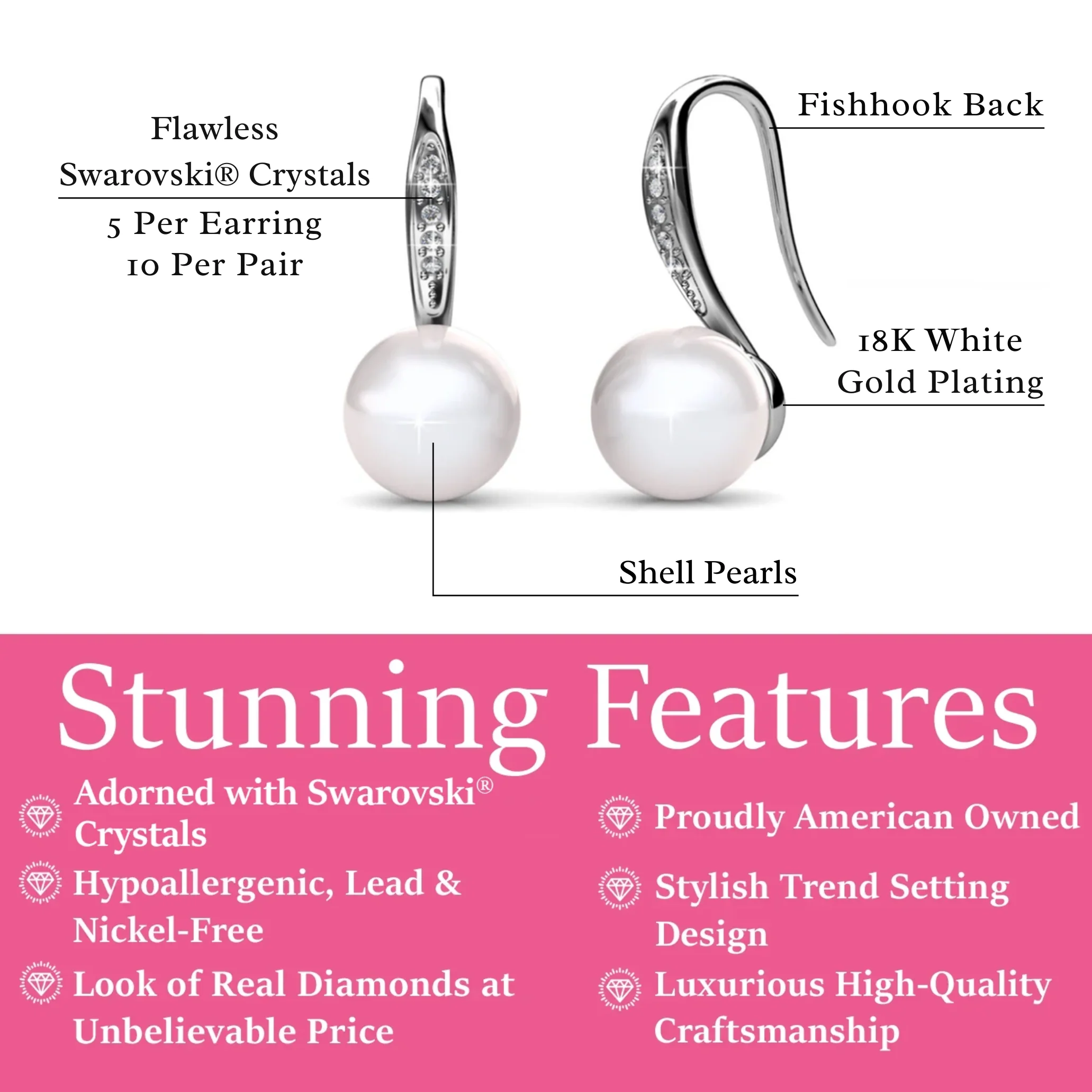 Ann 18k White Gold Freshwater Pearl Drop Earrings with Swarovski Crystals - Image 3