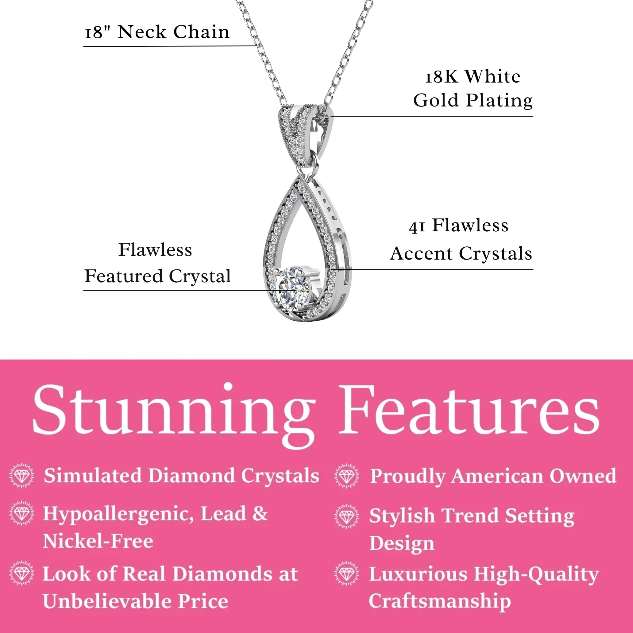 Arabella 18k White Gold Plated Teardrop Necklace with Simulated Diamond Crystals - Image 3