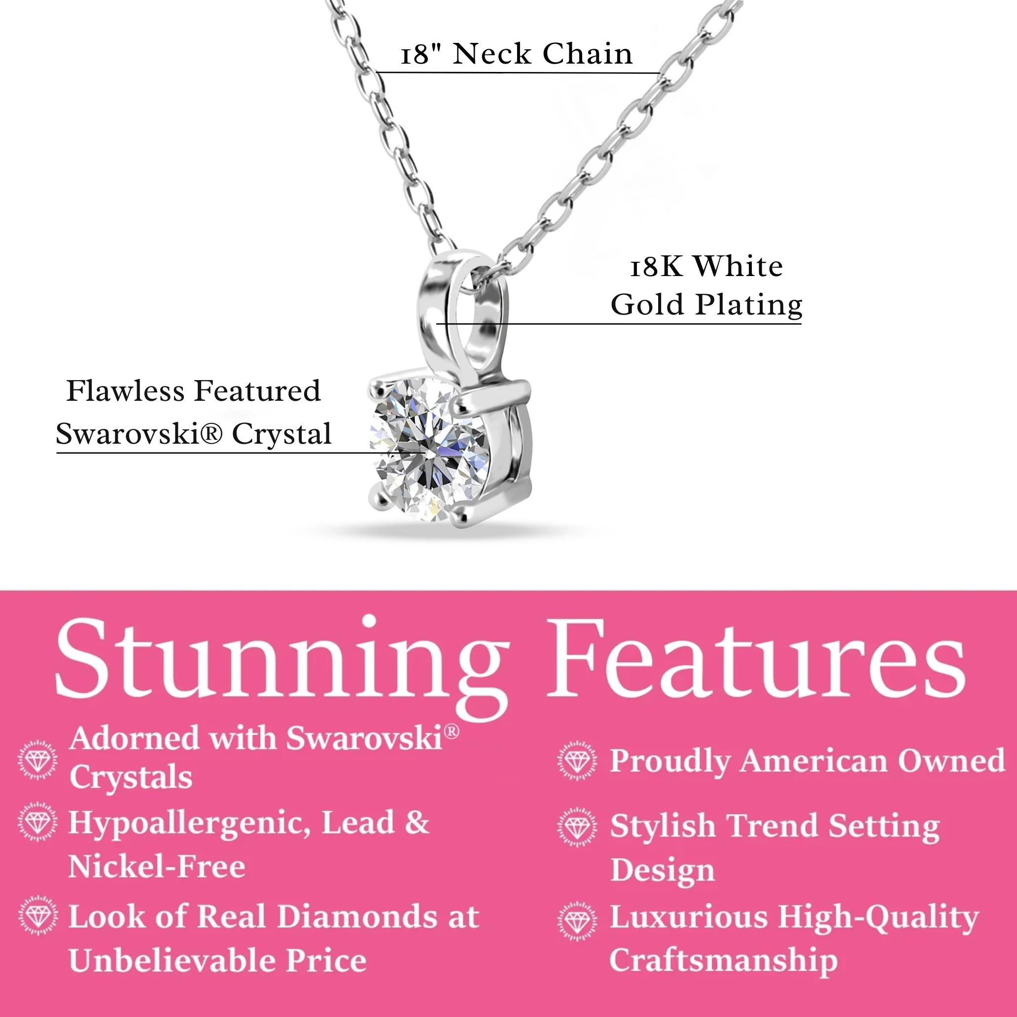 Araylia 18k White Gold Plated Necklace with Solitaire Round Cut Swarovski Crystal - Image 3