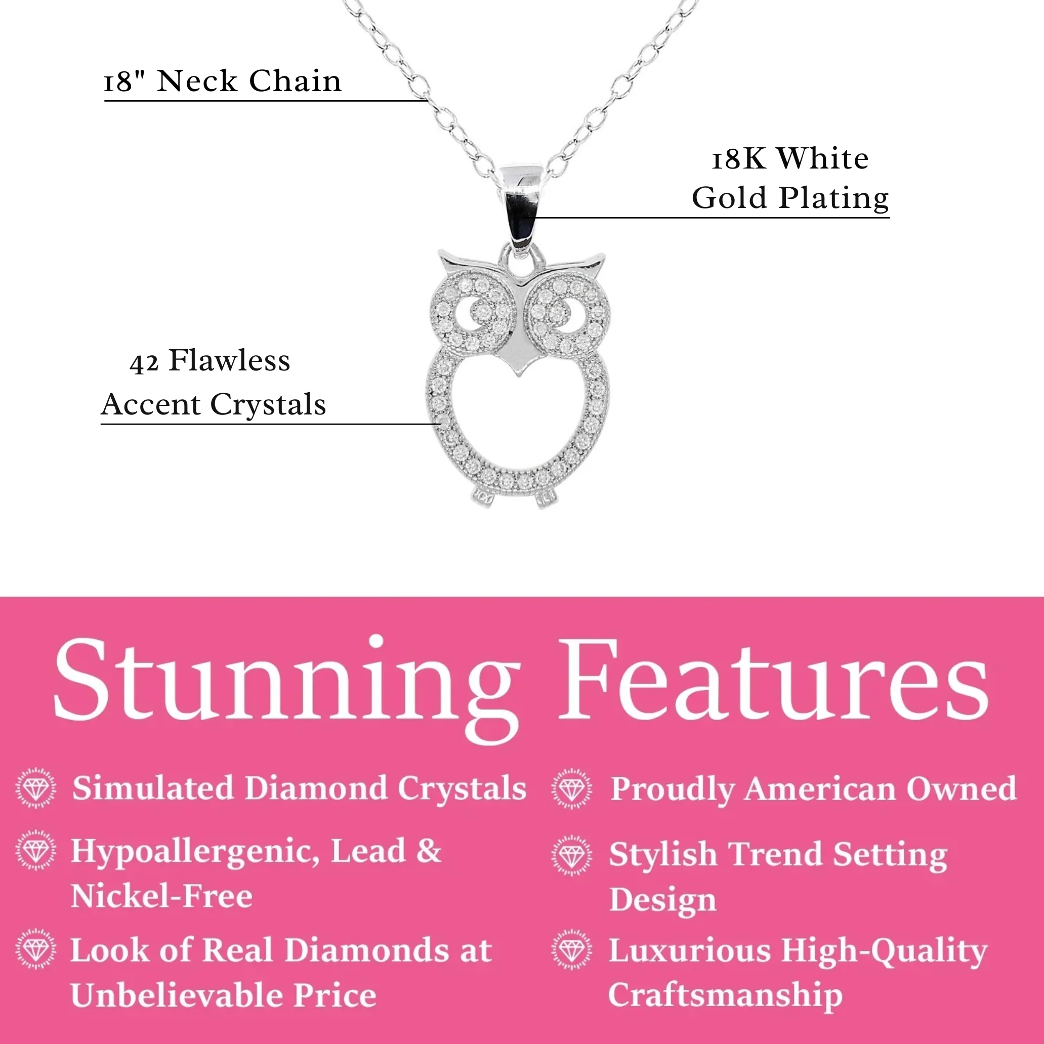 Ari 18k White Gold Plated Owl Pendant Necklace with Simulated Diamond Crystals - Image 3