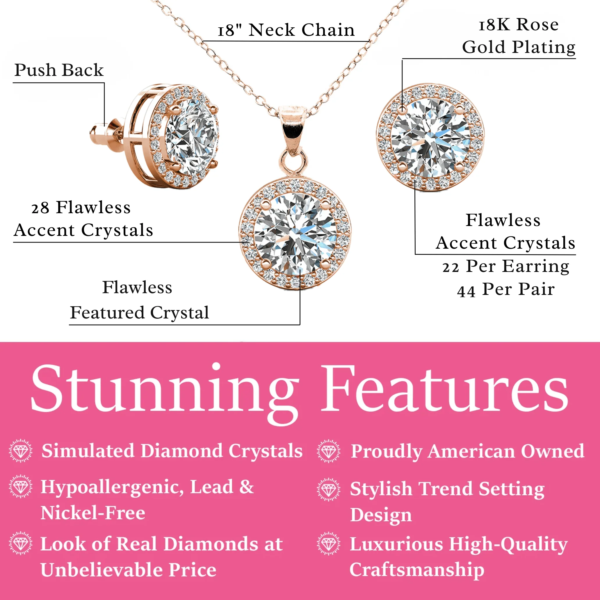 Ariel 18k White Gold Plated Halo Stud Earrings and Necklace Jewelry Set with Simulated Diamond Crystals - Image 10