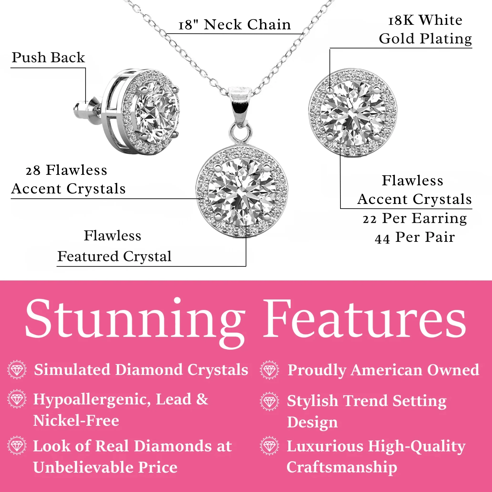 Ariel 18k White Gold Plated Halo Stud Earrings and Necklace Jewelry Set with Simulated Diamond Crystals - Image 3