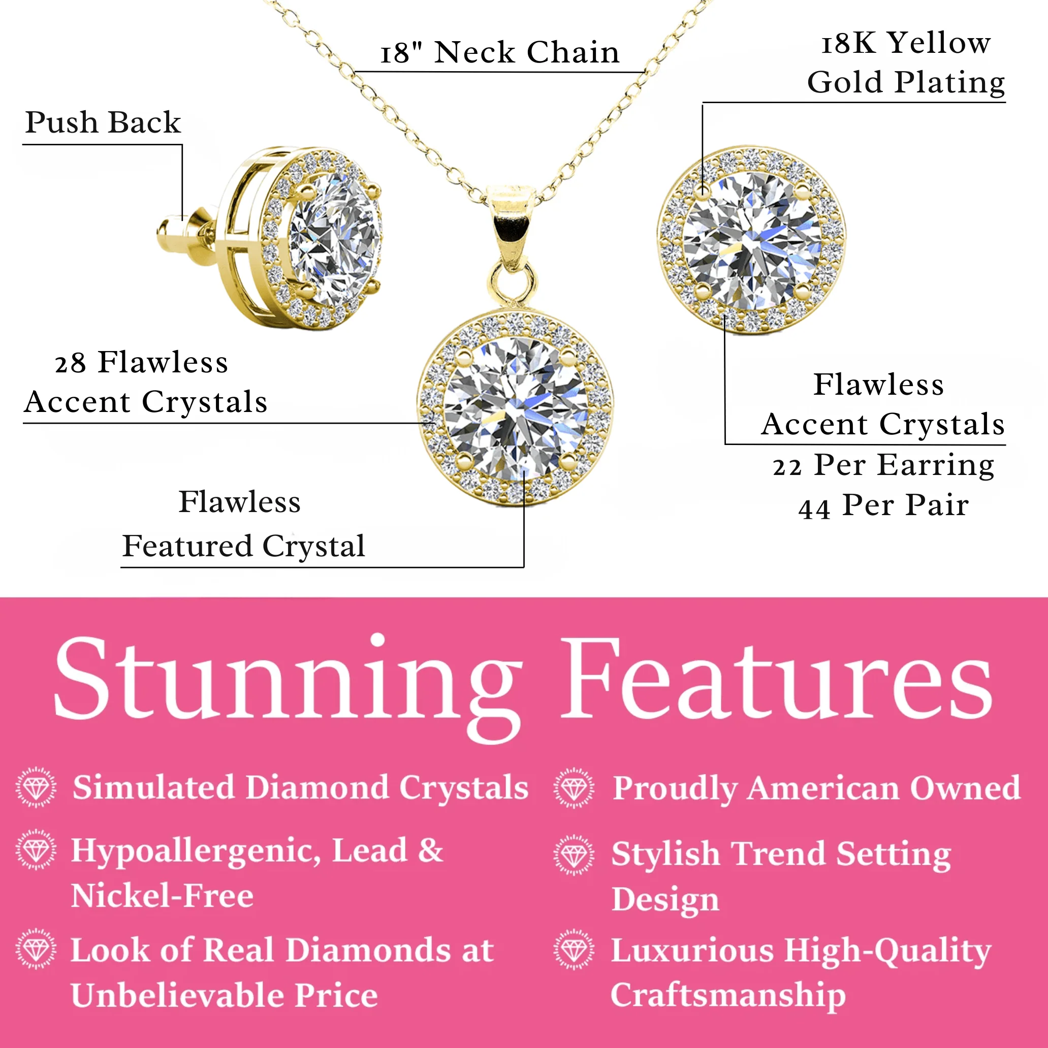 Ariel 18k White Gold Plated Halo Stud Earrings and Necklace Jewelry Set with Simulated Diamond Crystals - Image 8