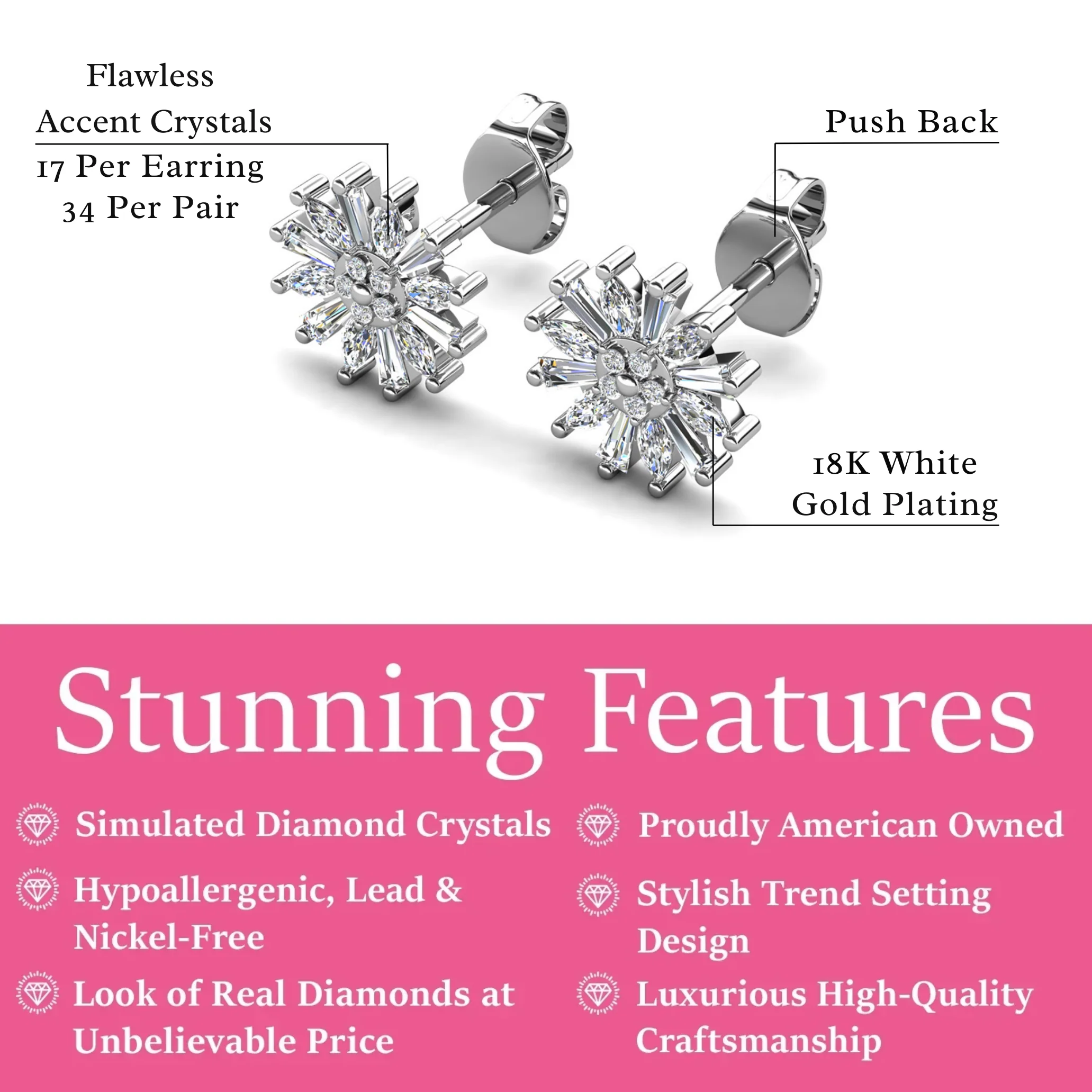 Astara 18k White Gold Plated Stud Earrings with Simulated Diamond Crystals - Image 3