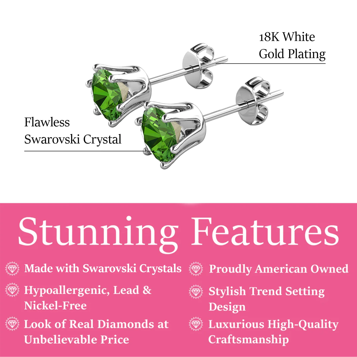 August Birthstone Peridot Earrings 18k White Gold Plated Stud Earrings with 1CT Swarovski Crystal - Image 2