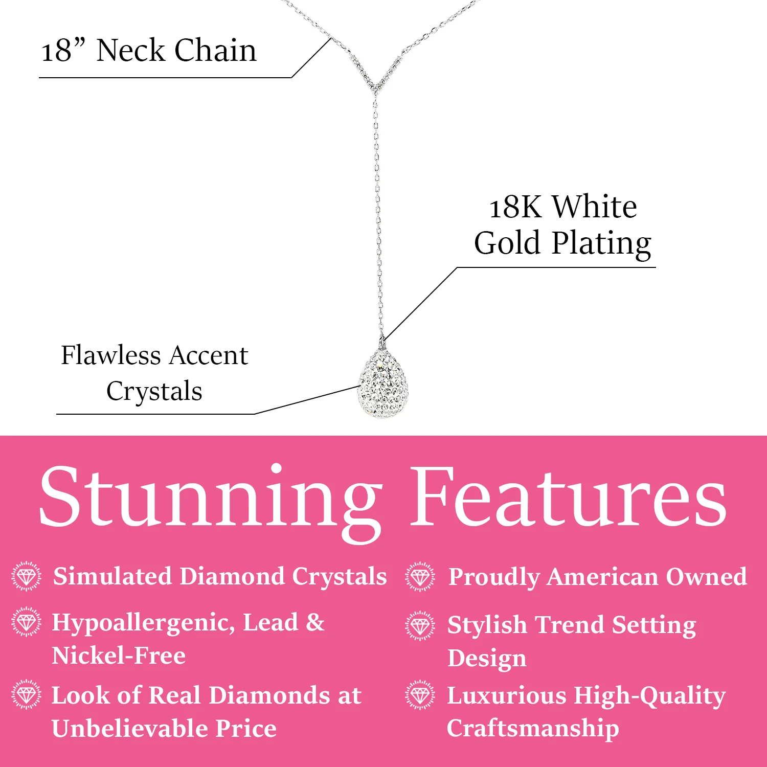 Ava 18k White Gold Plated Tear drop Y-Necklace with Simulated Diamond Crystals - Image 3