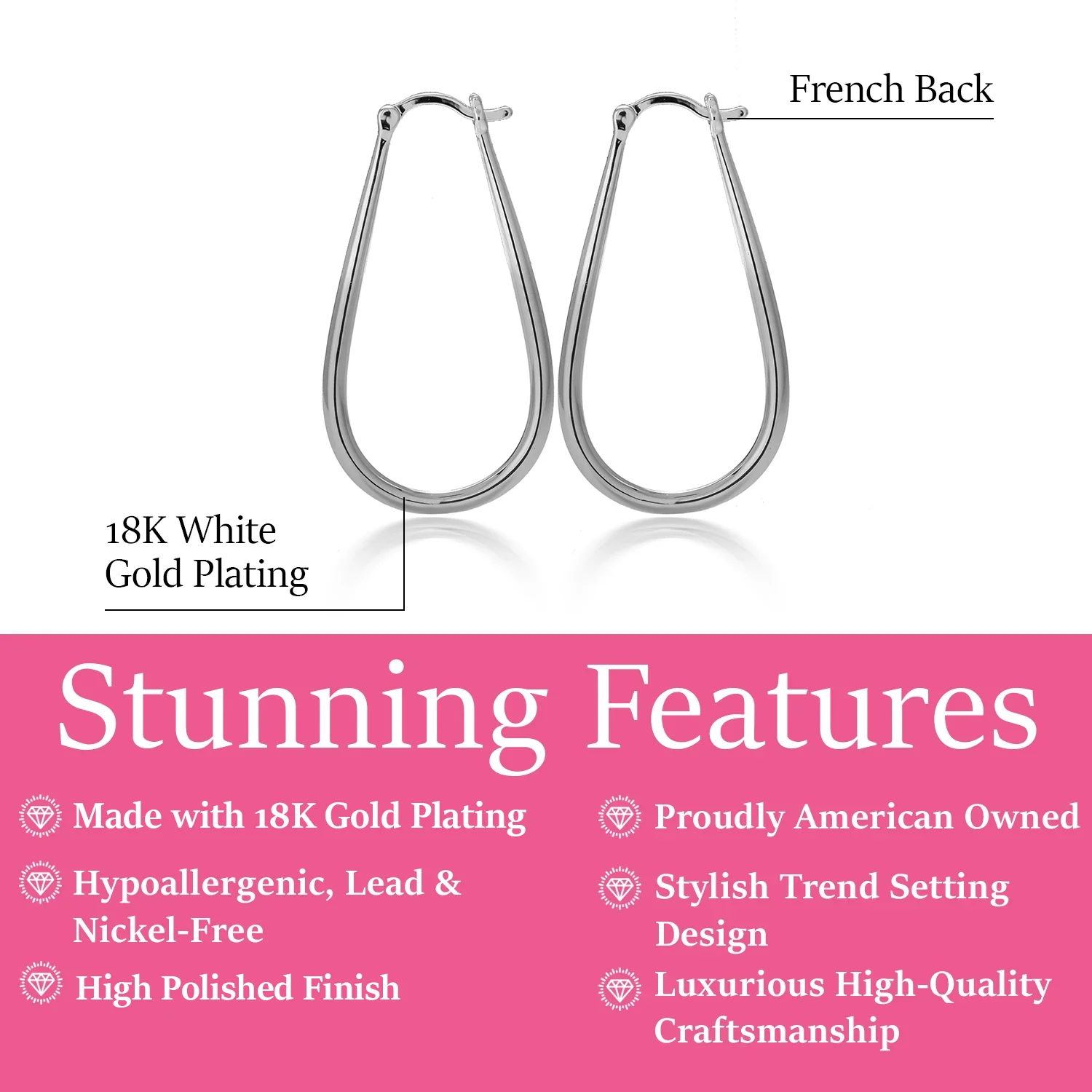 Beatrice 18k White Gold Plated 24mm U-Shaped Hoop Earrings - Image 3