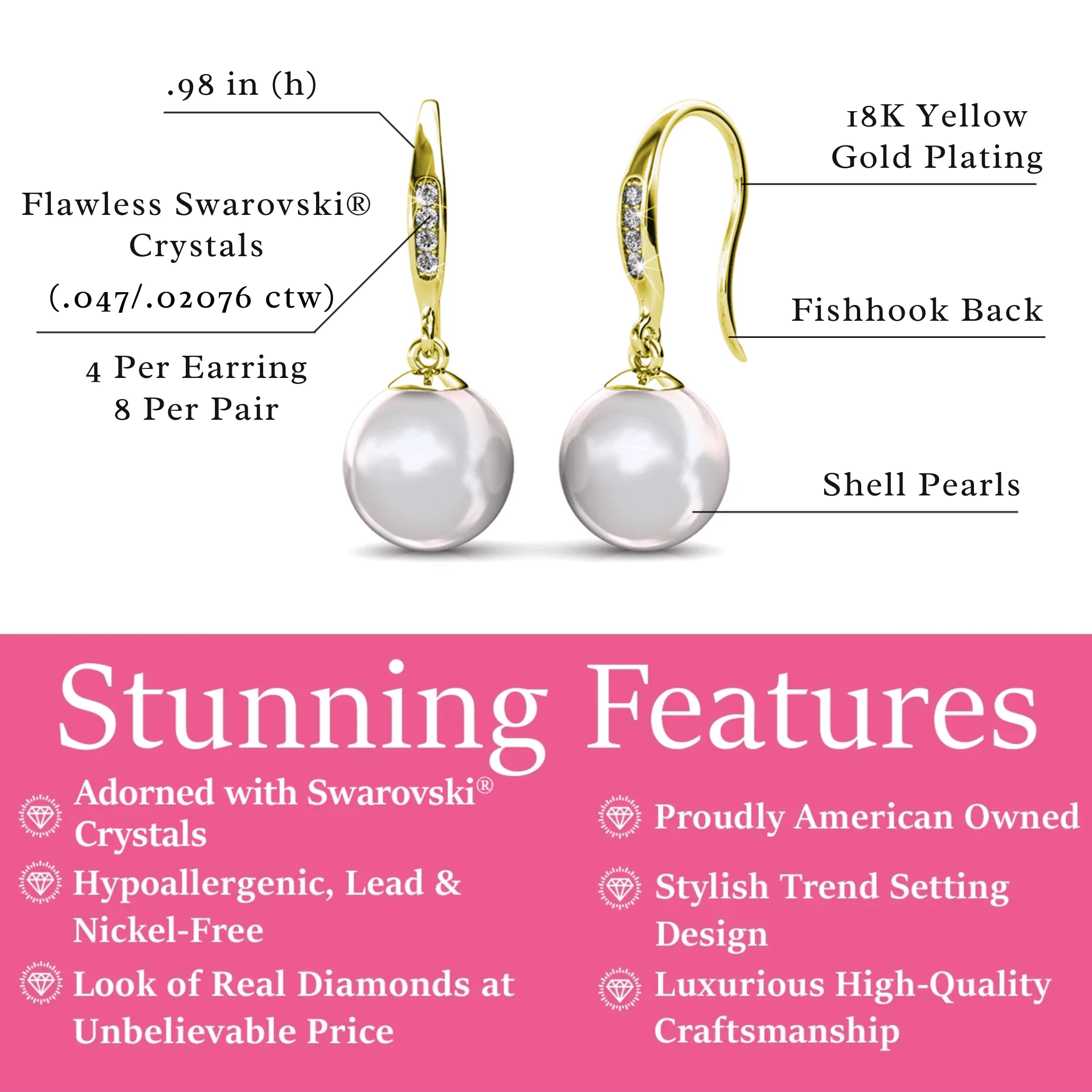 Betty 18k White Gold Plated Shell Pearl Drop Dangle Earrings with Swarovski Crystals - Image 11