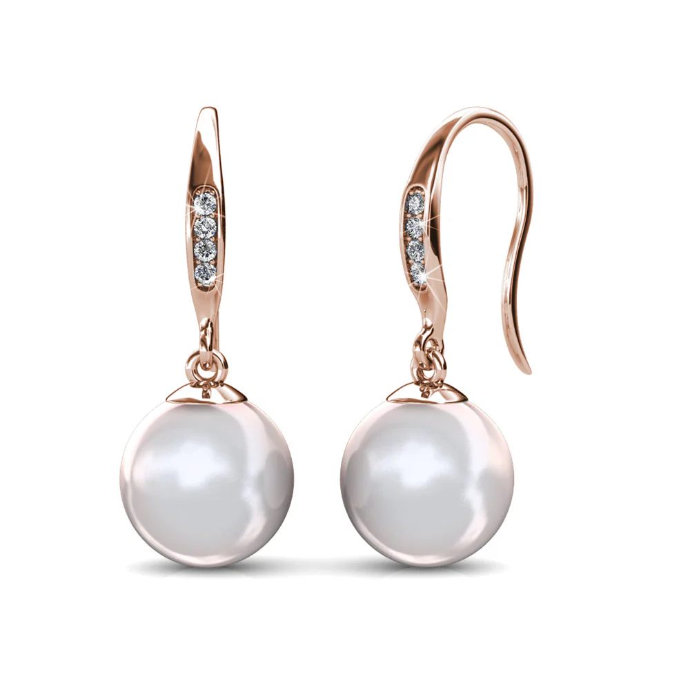 Betty 18k White Gold Plated Shell Pearl Drop Dangle Earrings with Swarovski Crystals - Image 13