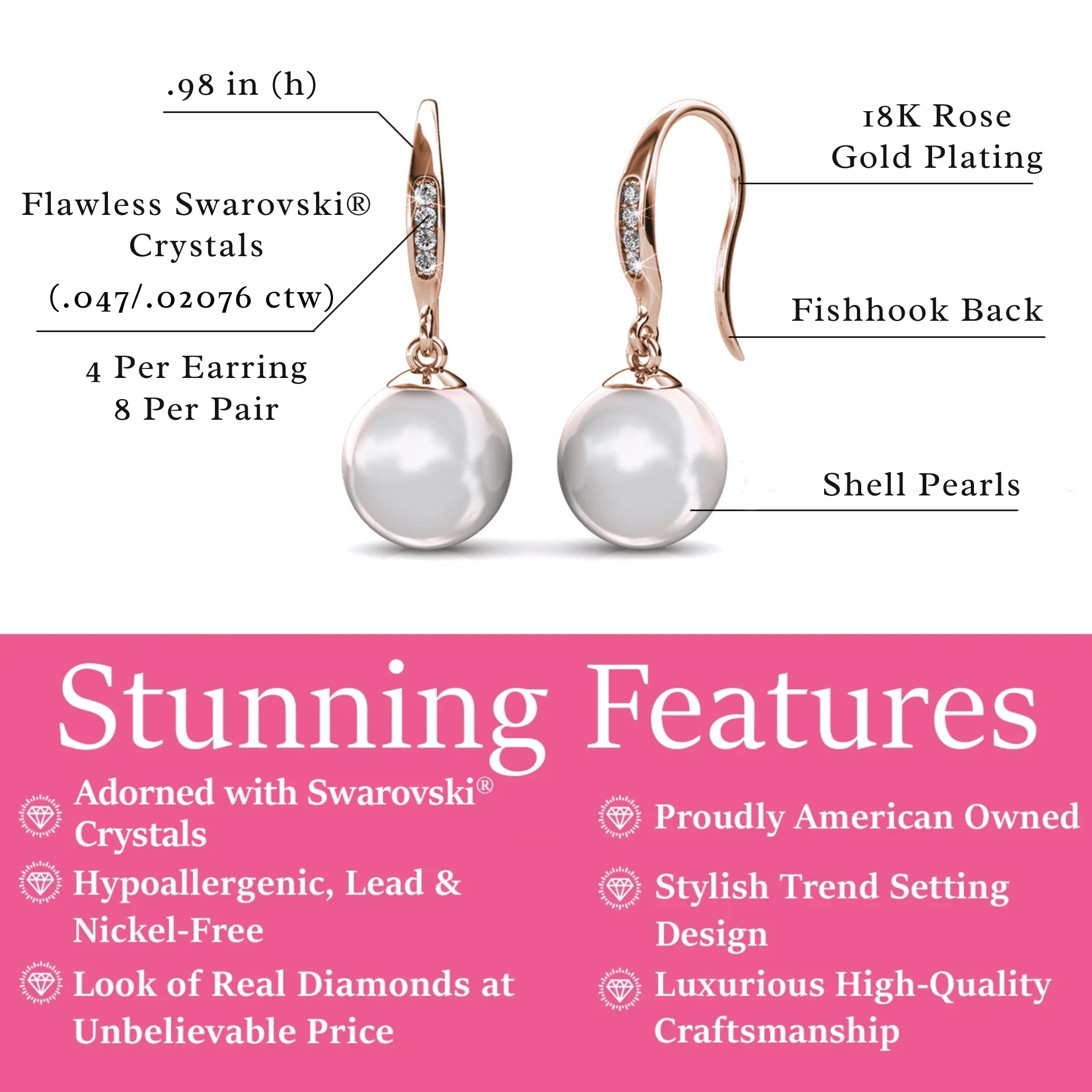 Betty 18k White Gold Plated Shell Pearl Drop Dangle Earrings with Swarovski Crystals - Image 14