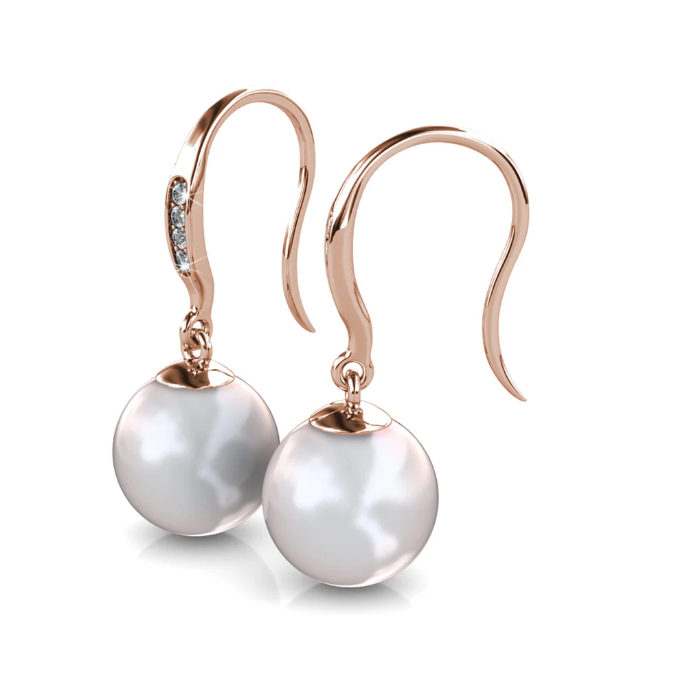 Betty 18k White Gold Plated Shell Pearl Drop Dangle Earrings with Swarovski Crystals - Image 15