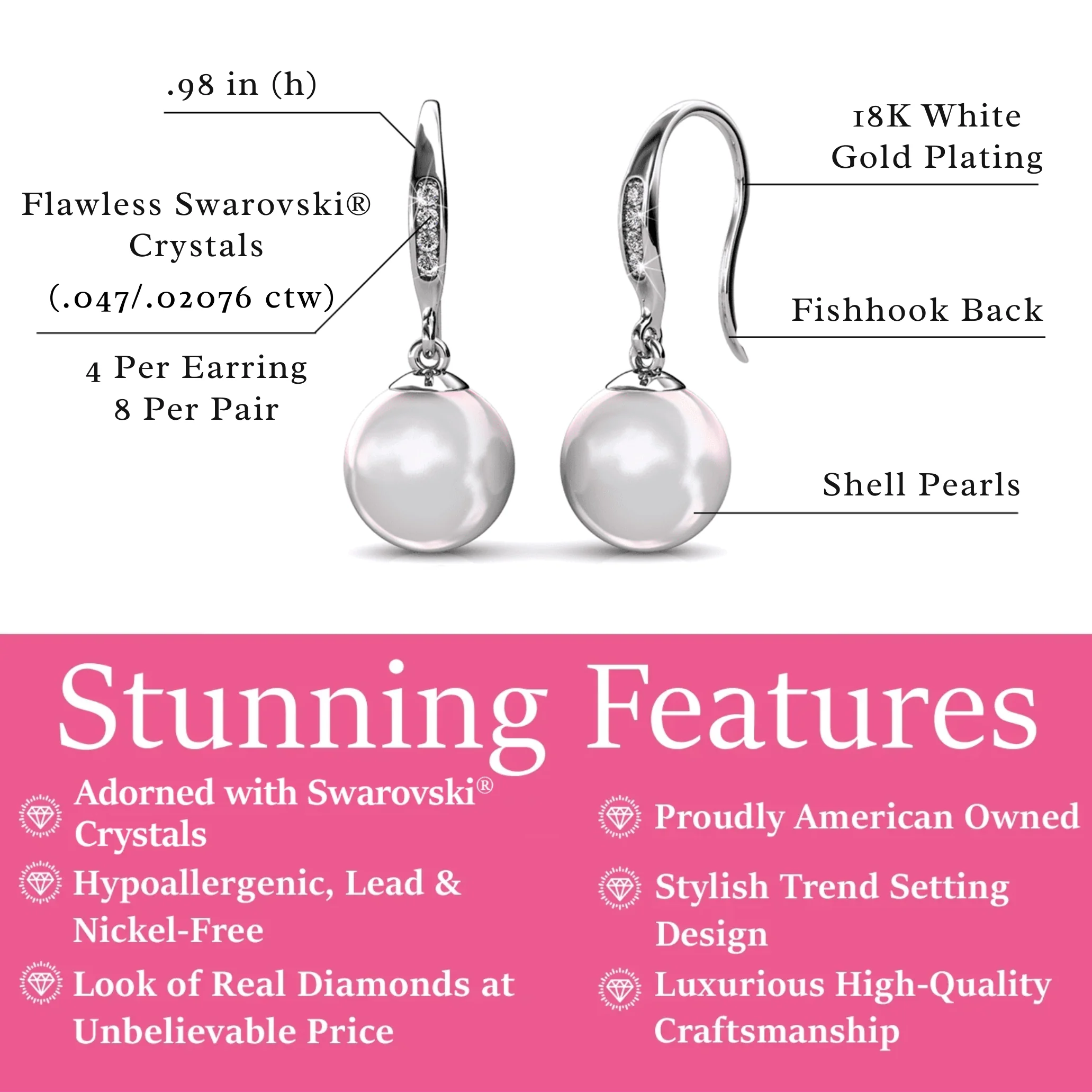 Betty 18k White Gold Plated Shell Pearl Drop Dangle Earrings with Swarovski Crystals - Image 3