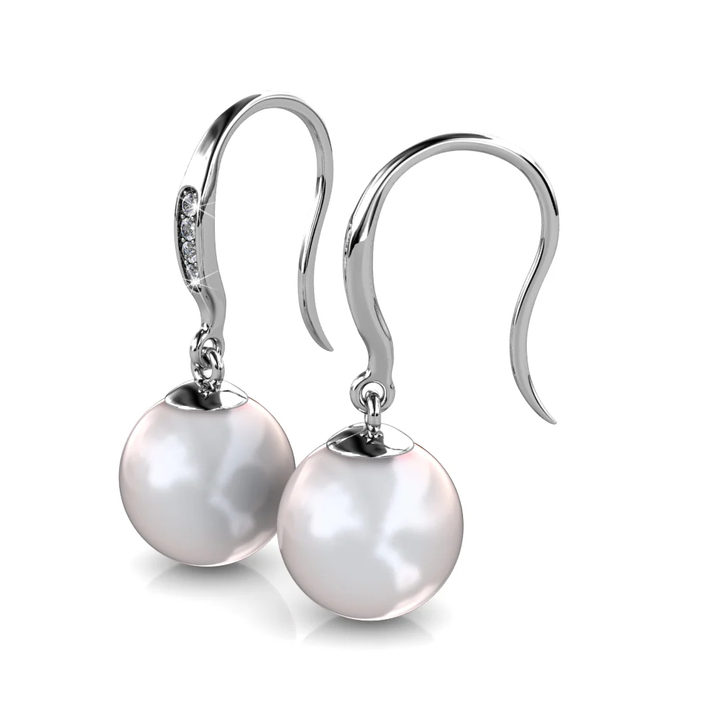 Betty 18k White Gold Plated Shell Pearl Drop Dangle Earrings with Swarovski Crystals - Image 8