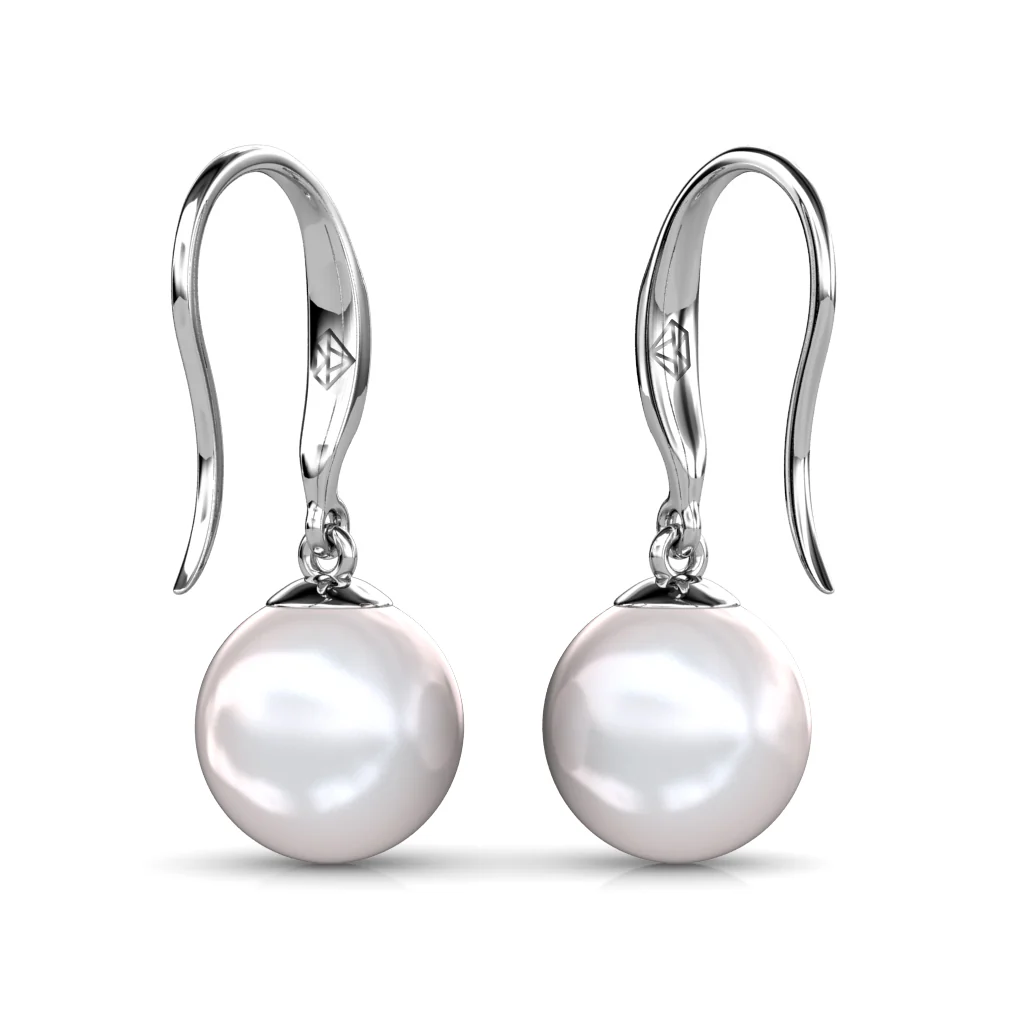 Betty 18k White Gold Plated Shell Pearl Drop Dangle Earrings with Swarovski Crystals - Image 9
