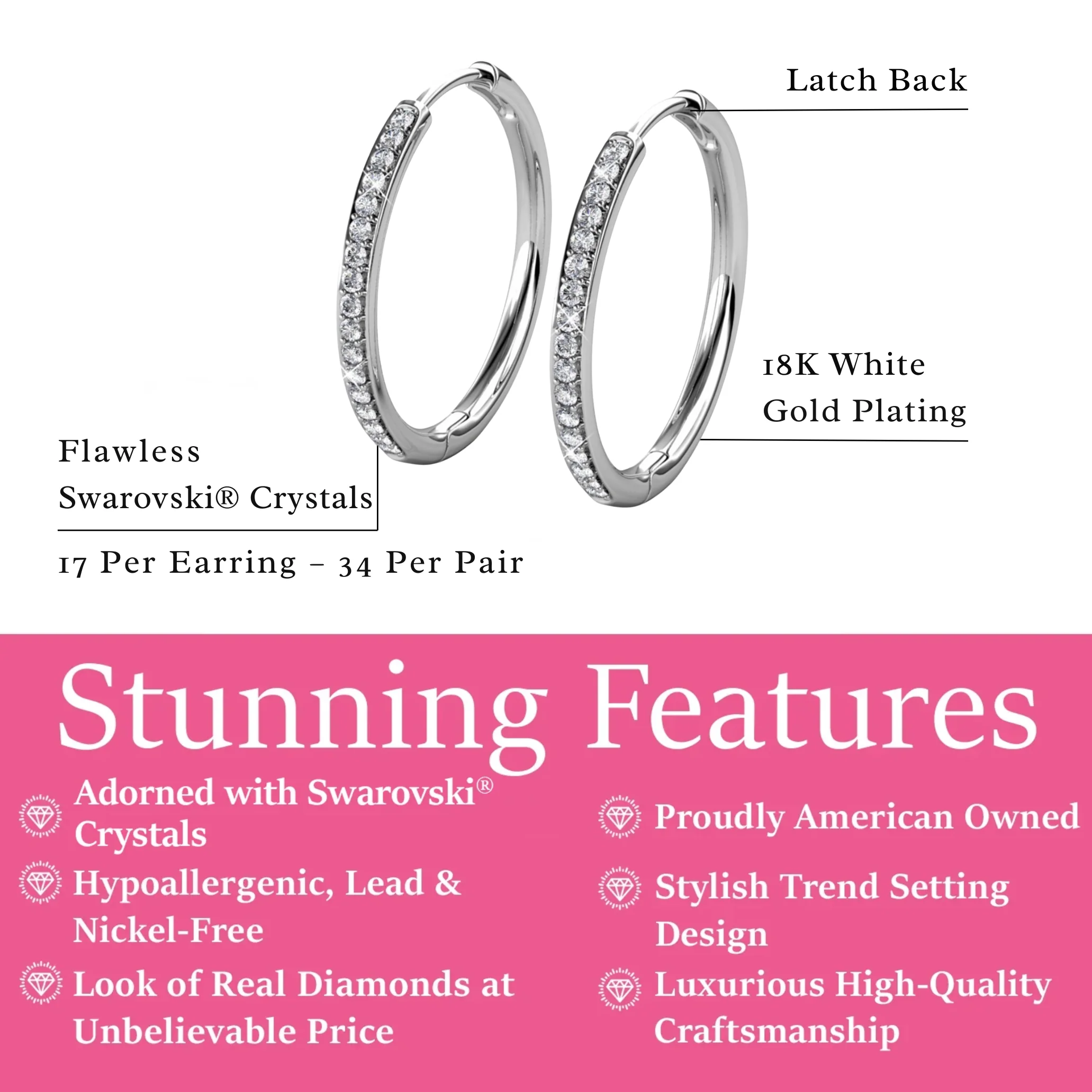 Bianca 18k White Gold Plated 25mm Silver Hoop Earrings with Swarovski Crystals - Image 3