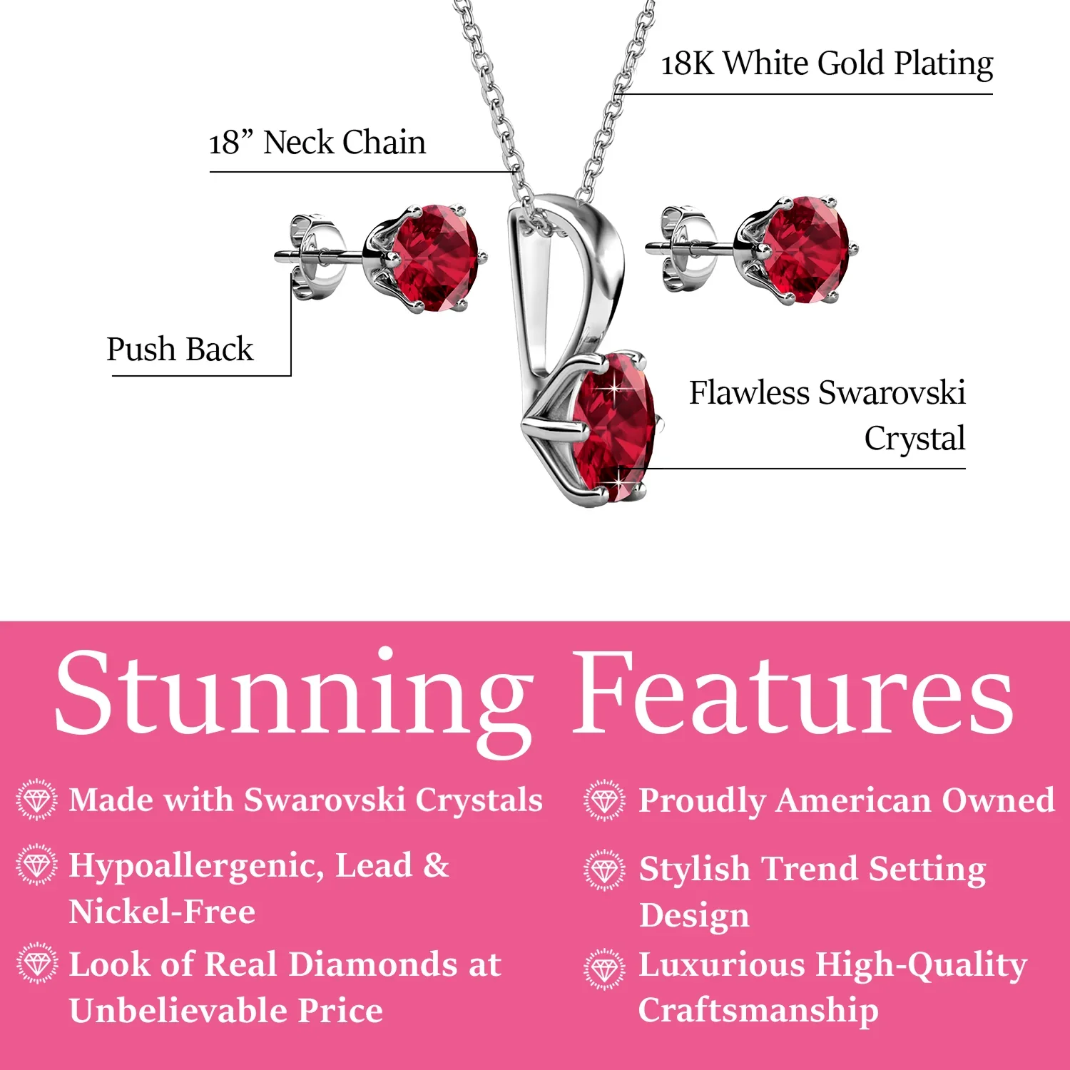 Birthstone 18k White Gold Plated Stud Earrings and Necklace Set with 1ct Swarovski Crystals - Image 3