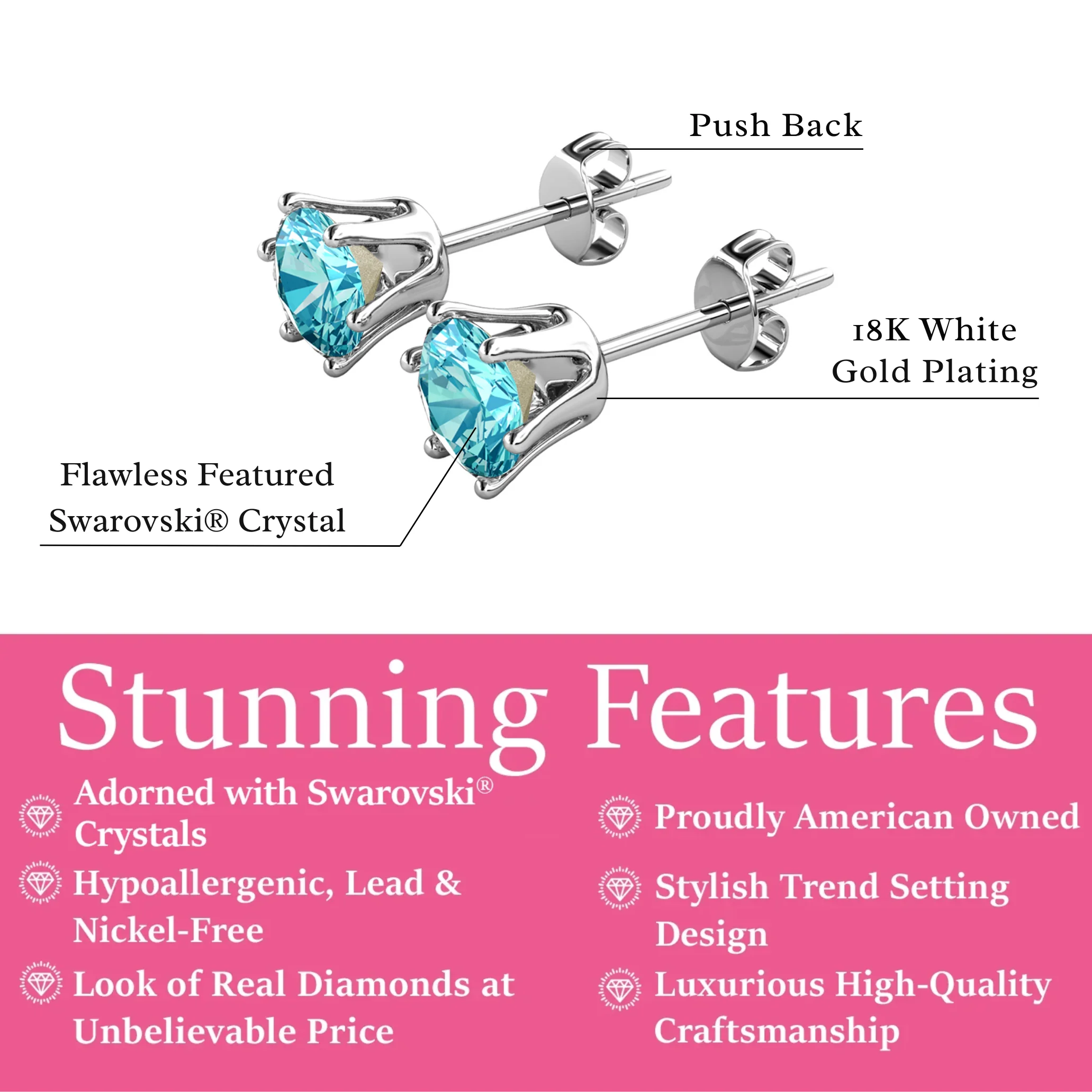 Birthstone Earrings 18k White Gold Plated Stud Earrings with 1ct Solitaire Swarovski Crystals - Image 10