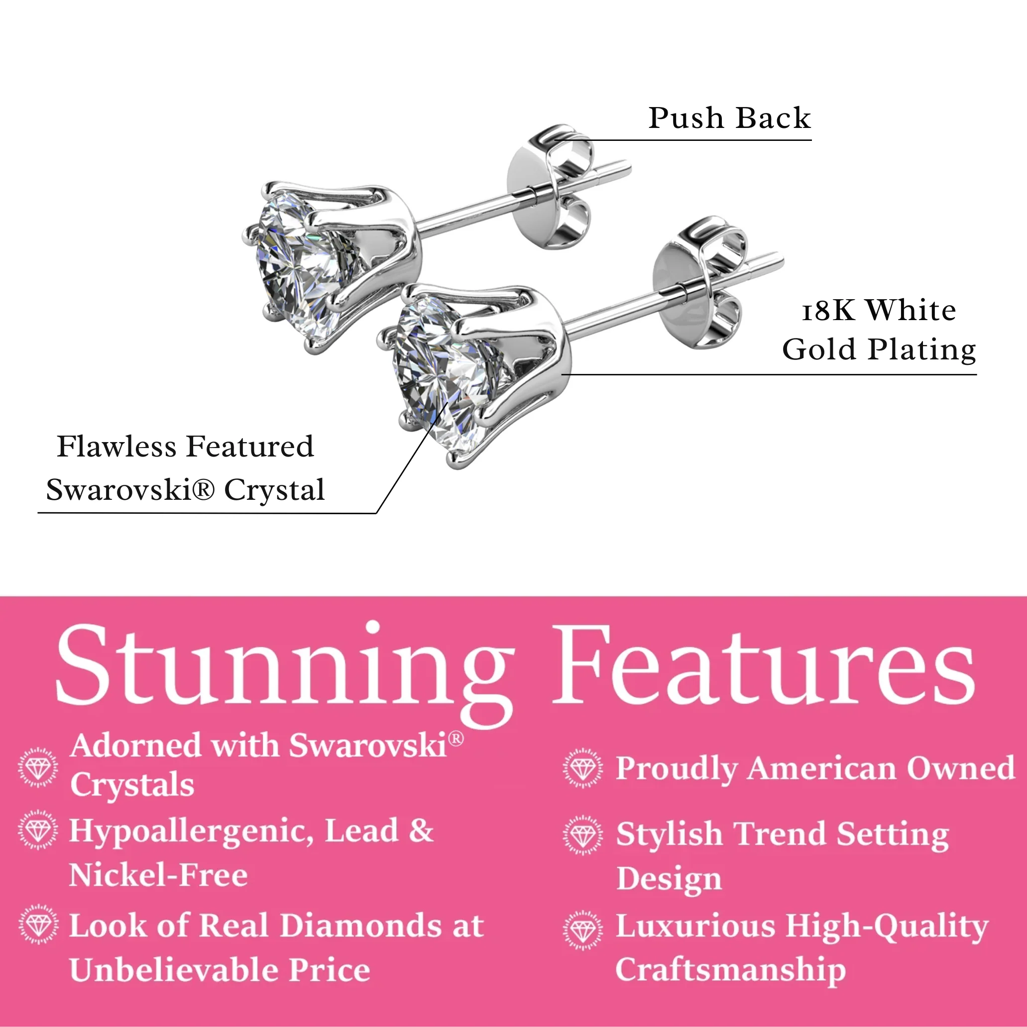 Birthstone Earrings 18k White Gold Plated Stud Earrings with 1ct Solitaire Swarovski Crystals - Image 12