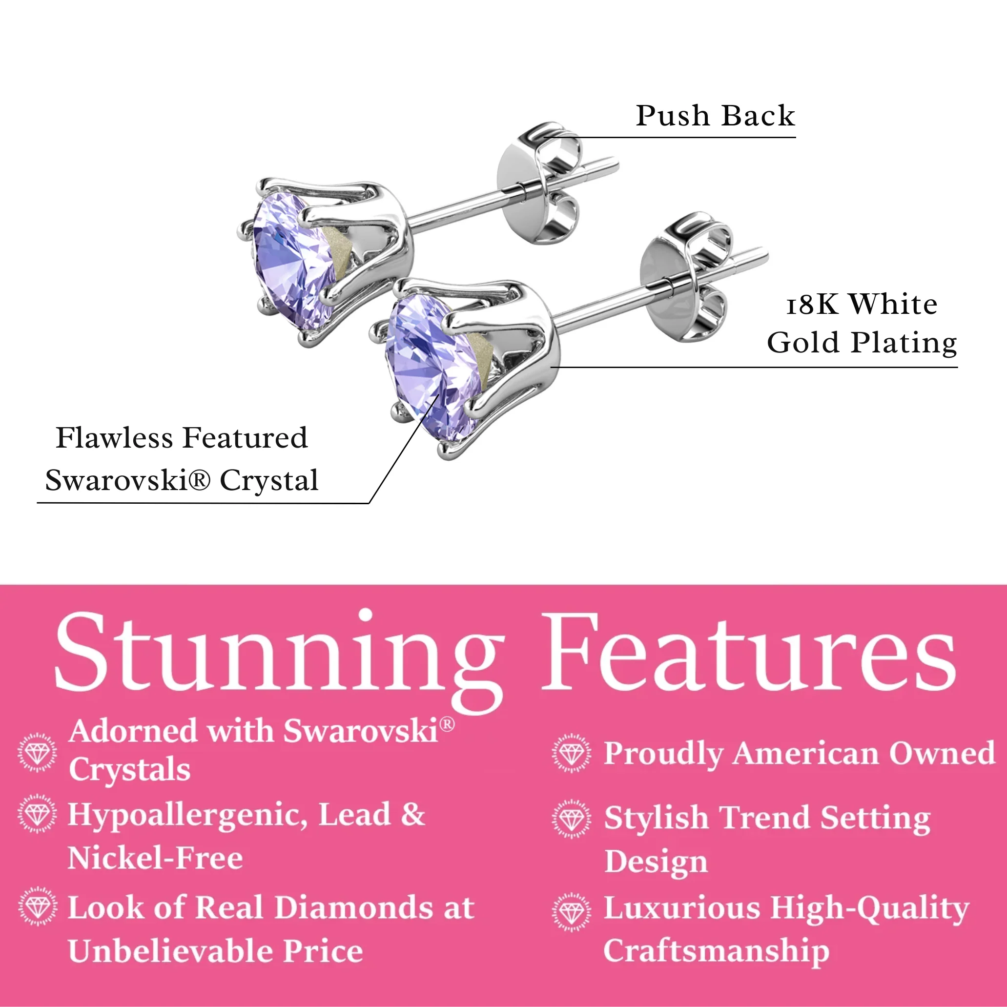 Birthstone Earrings 18k White Gold Plated Stud Earrings with 1ct Solitaire Swarovski Crystals - Image 16