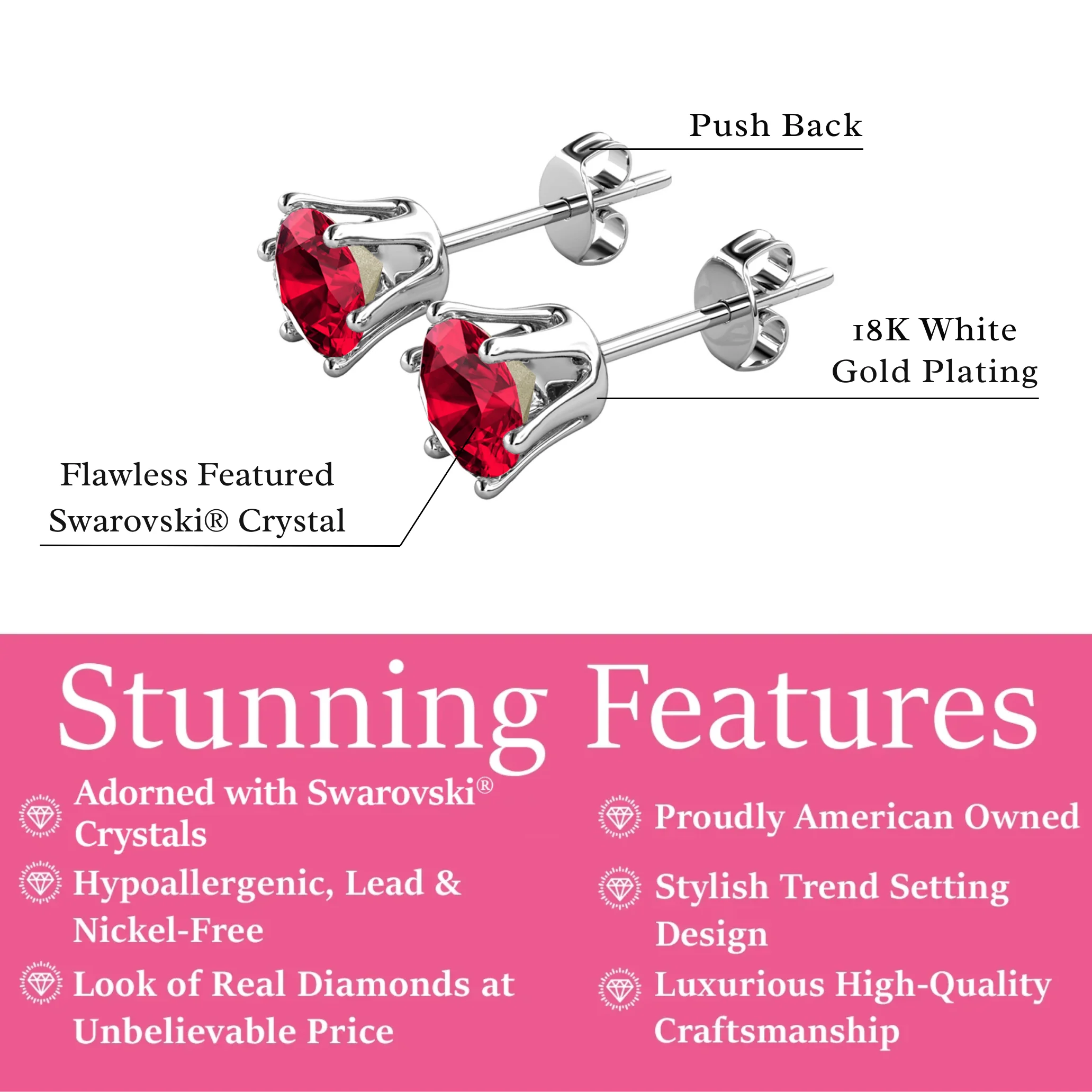 Birthstone Earrings 18k White Gold Plated Stud Earrings with 1ct Solitaire Swarovski Crystals - Image 3