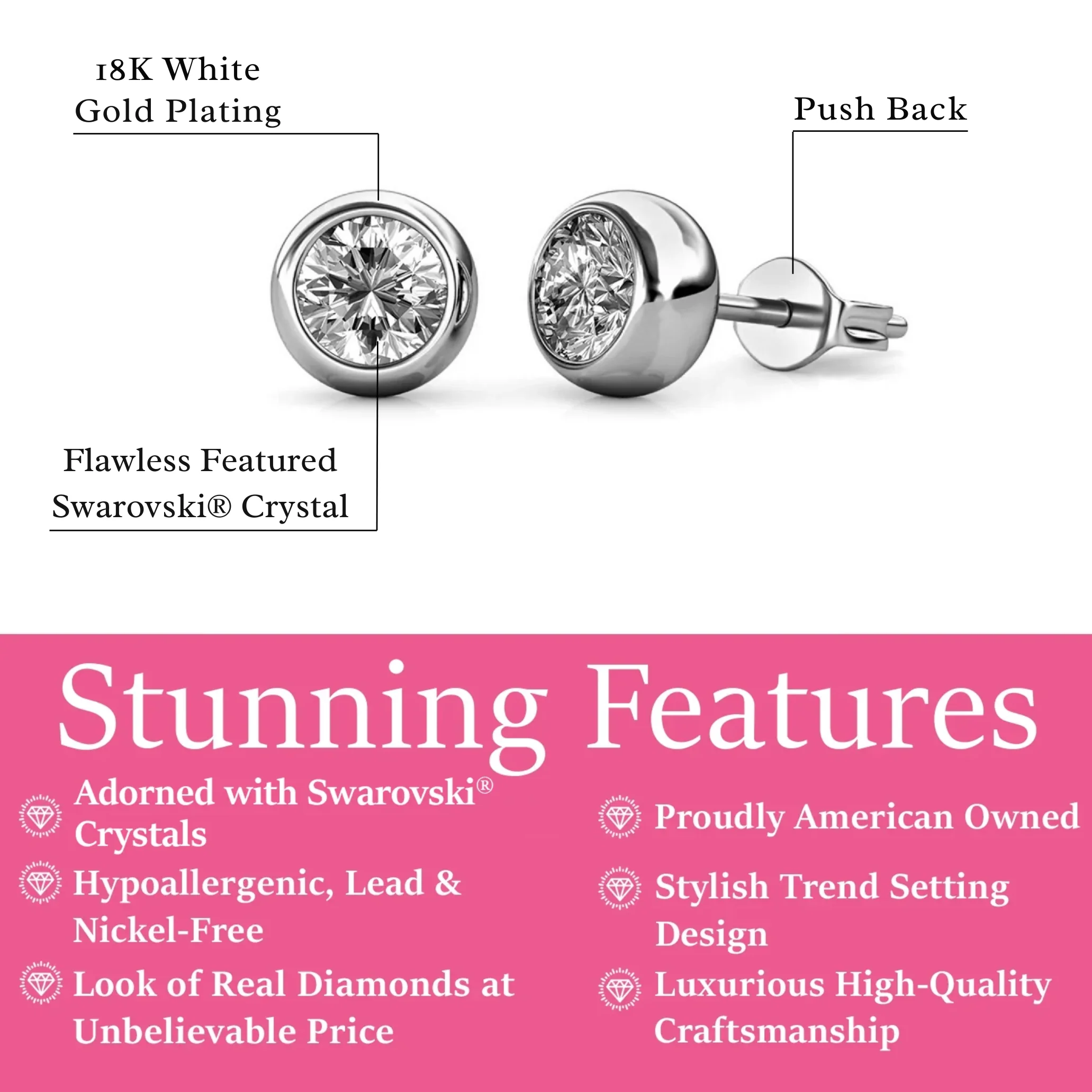Blaire 18k White Gold Plated Stud Earrings with Round Cut Swarovski Crystals - Image 3